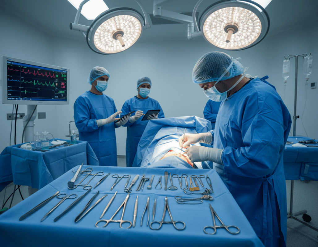 A detailed scene of a vascular surgery operation showcasing the process of revaskularisation. In the foreground, a skilled surgeon wearing scrubs and a face mask is focused on a patient lying on the operating table, their lower limb being examined with precision instruments. The middle ground highlights advanced surgical tools gleaming under bright, sterile operating room lights, with monitors displaying vital signs. In the background, other medical professionals in professional attire are attentively observing the procedure. The lighting is clinical, bright yet soft, creating a sterile atmosphere that emphasizes professionalism and expertise. The mood is serious and focused, reflecting the importance of the surgical intervention in diabetes management. The angle captures the action from a slightly elevated perspective, providing a comprehensive view without any distractions or text. A detailed scene of a vascular surgery operation showcasing the process of revaskularisation. In the foreground, a skilled surgeon wearing scrubs and a face mask is focused on a patient lying on the operating table, their lower limb being examined with precision instruments. The middle ground highlights advanced surgical tools gleaming under bright, sterile operating room lights, with monitors displaying vital signs. In the background, other medical professionals in professional attire are attentively observing the procedure. The lighting is clinical, bright yet soft, creating a sterile atmosphere that emphasizes professionalism and expertise. The mood is serious and focused, reflecting the importance of the surgical intervention in diabetes management. The angle captures the action from a slightly elevated perspective, providing a comprehensive view without any distractions or text.