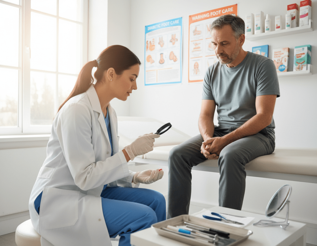 A healthcare professional, dressed in a white lab coat, examines the feet of a middle-aged patient, focusing on proper foot care techniques for diabetes management. The scene is set in a well-lit clinic with soft, natural light streaming through a window, creating a warm and inviting atmosphere. In the foreground, the professional gently inspects the patient's foot, highlighting preventive measures like checking for sores and proper nail care. The middle ground features medical tools and informative charts on foot care, while the background includes shelves with diabetic care products and educational materials. The overall mood is supportive and informative, emphasizing the importance of preventive foot care in diabetes management. A healthcare professional, dressed in a white lab coat, examines the feet of a middle-aged patient, focusing on proper foot care techniques for diabetes management. The scene is set in a well-lit clinic with soft, natural light streaming through a window, creating a warm and inviting atmosphere. In the foreground, the professional gently inspects the patient's foot, highlighting preventive measures like checking for sores and proper nail care. The middle ground features medical tools and informative charts on foot care, while the background includes shelves with diabetic care products and educational materials. The overall mood is supportive and informative, emphasizing the importance of preventive foot care in diabetes management.