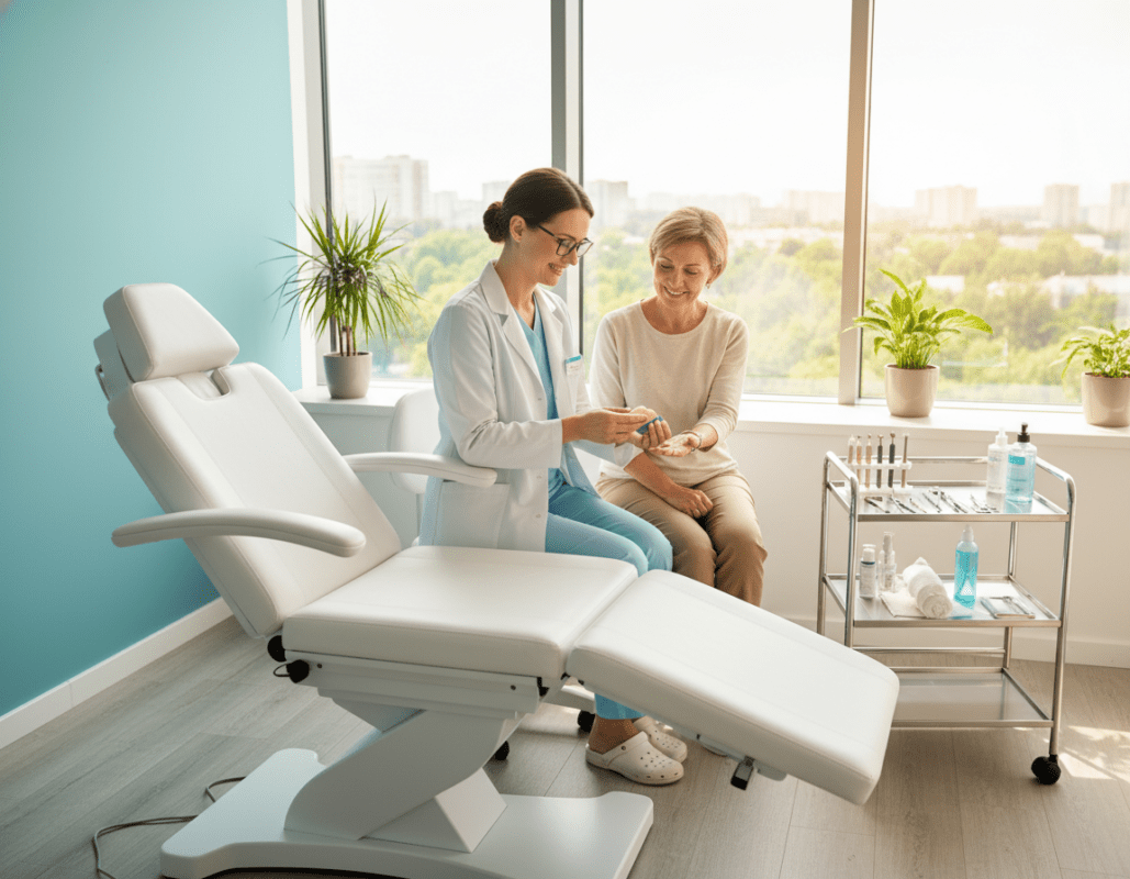 A professional-looking podiatrist's office with a focus on safe corneal treatment. In the foreground, a well-organized treatment area featuring a modern examination chair, a tray with medical tools, and soothing aqua-colored walls. In the middle ground, a caring podiatrist in a white lab coat and glasses is demonstrating self-treatment techniques on cornified skin with a gentle demeanor, ensuring a sense of trust and professionalism. In the background, a large window allows soft natural light to illuminate the space, enhancing the welcoming atmosphere. The scene conveys a balance of professionalism and comfort, emphasizing safe self-care practices for hornhaut management. A professional-looking podiatrist's office with a focus on safe corneal treatment. In the foreground, a well-organized treatment area featuring a modern examination chair, a tray with medical tools, and soothing aqua-colored walls. In the middle ground, a caring podiatrist in a white lab coat and glasses is demonstrating self-treatment techniques on cornified skin with a gentle demeanor, ensuring a sense of trust and professionalism. In the background, a large window allows soft natural light to illuminate the space, enhancing the welcoming atmosphere. The scene conveys a balance of professionalism and comfort, emphasizing safe self-care practices for hornhaut management.