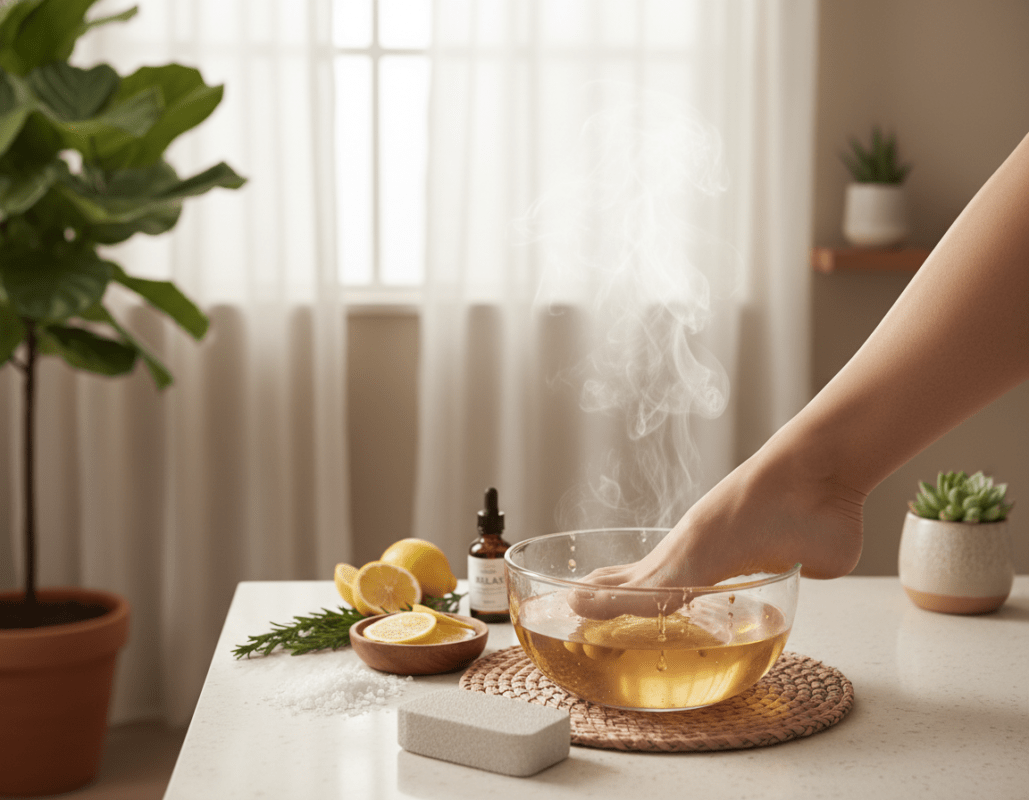 A serene bathroom scene featuring a foot soaking in a warm foot bath, surrounded by natural elements for a home remedy feel. In the foreground, a clear glass bowl filled with warm water and a few drops of essential oil, alongside a textured pumice stone for removing calluses. In the middle ground, a clean and modern countertop with herbal ingredients like sea salt and lemon slices arranged aesthetically. The background depicts soft, soothing light filtering through a window, enhancing a calming and tranquil atmosphere. A plant or two in soft focus adds a touch of nature, emphasizing the home remedy aspect. The overall color palette should convey warmth and relaxation, promoting an inviting feeling for foot care and maintenance.