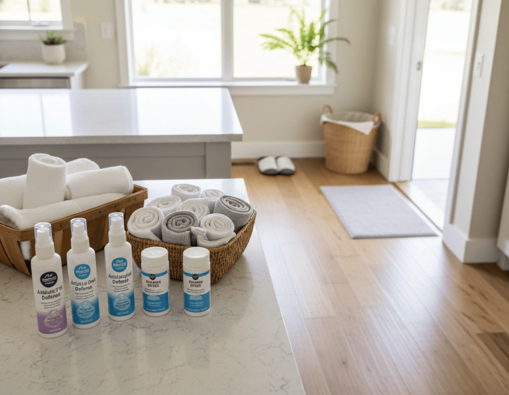 A clean and organized household setting focused on practical measures against foot fungus, featuring a well-lit kitchen and bathroom. In the foreground, display a variety of antifungal products like sprays and powders, neatly arranged on a countertop. In the middle, include small household items such as a pair of fresh white towels and a basket of clean socks. The background should have subtle but recognizable elements like a potted plant and a small laundry basket, conveying a sense of cleanliness. Use natural daylight streaming through a window to create a warm and inviting atmosphere. Aim for a balanced composition with a slight top-down angle to emphasize the practicality of the items and the cleanliness of the environment. A clean and organized household setting focused on practical measures against foot fungus, featuring a well-lit kitchen and bathroom. In the foreground, display a variety of antifungal products like sprays and powders, neatly arranged on a countertop. In the middle, include small household items such as a pair of fresh white towels and a basket of clean socks. The background should have subtle but recognizable elements like a potted plant and a small laundry basket, conveying a sense of cleanliness. Use natural daylight streaming through a window to create a warm and inviting atmosphere. Aim for a balanced composition with a slight top-down angle to emphasize the practicality of the items and the cleanliness of the environment.