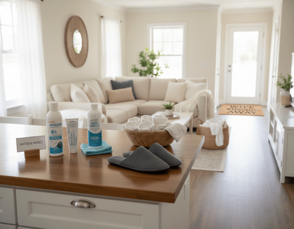 A clean and organized interior scene showcasing effective hygiene tips for preventing athlete's foot at home. In the foreground, a well-lit kitchen workspace with a wooden countertop displays antifungal sprays, cleaning supplies, and a pair of neatly arranged slippers. In the middle, a cozy living room with a plush sofa and a basket of freshly laundered socks, emphasizing cleanliness. The background features a bright hallway with a doormat, reminding of hygiene practices upon entering the house. Soft, natural lighting filters in through a window, creating a warm, inviting atmosphere. The overall mood conveys a sense of safety and comfort, integrating subtle elements that suggest a foot fungus-free environment without any people present. A clean and organized interior scene showcasing effective hygiene tips for preventing athlete's foot at home. In the foreground, a well-lit kitchen workspace with a wooden countertop displays antifungal sprays, cleaning supplies, and a pair of neatly arranged slippers. In the middle, a cozy living room with a plush sofa and a basket of freshly laundered socks, emphasizing cleanliness. The background features a bright hallway with a doormat, reminding of hygiene practices upon entering the house. Soft, natural lighting filters in through a window, creating a warm, inviting atmosphere. The overall mood conveys a sense of safety and comfort, integrating subtle elements that suggest a foot fungus-free environment without any people present.