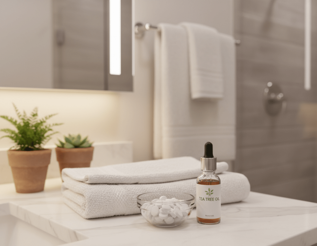 A close-up arrangement of aspirin tablets and tea tree oil in a serene, well-lit bathroom setting. In the foreground, feature the aspirin tablets in a small, clear glass bowl, with a dropper bottle of tea tree oil next to it, both on a clean white countertop. The middle ground shows a plush towel draped casually, and a few small potted plants to add a touch of nature, creating a calming atmosphere. The background exhibits a softly blurred bathroom with warm lighting, enhancing the soothing mood. The overall composition should evoke a sense of health and wellness, capturing the essence of home remedies for feet, specifically focusing on the treatment of corns. A close-up arrangement of aspirin tablets and tea tree oil in a serene, well-lit bathroom setting. In the foreground, feature the aspirin tablets in a small, clear glass bowl, with a dropper bottle of tea tree oil next to it, both on a clean white countertop. The middle ground shows a plush towel draped casually, and a few small potted plants to add a touch of nature, creating a calming atmosphere. The background exhibits a softly blurred bathroom with warm lighting, enhancing the soothing mood. The overall composition should evoke a sense of health and wellness, capturing the essence of home remedies for feet, specifically focusing on the treatment of corns.