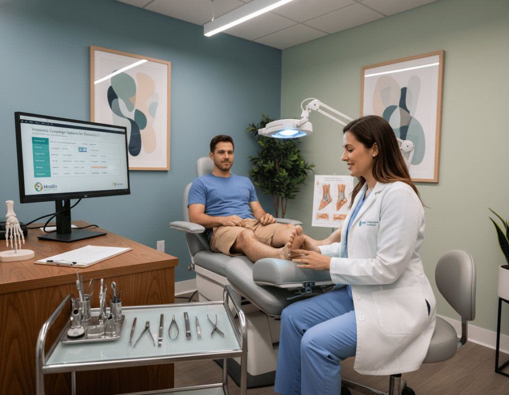 A modern medical office setting focused on podiatry, featuring a podiatrist in a crisp white coat examining a patient's feet. The foreground showcases detailed medical tools like a foot examination light, charts depicting foot health, and a podiatry chair. In the middle ground, a clipboard with medical notes and a computer displaying insurance coverage options related to podology are visible. The background includes calming colors with soft lighting emanating from overhead fixtures, creating a professional yet welcoming ambiance. The podiatrist appears confident and attentive, engaging with the patient, who wears modest casual clothing. The overall atmosphere conveys trust and professionalism, highlighting the importance of podiatric care and insurance reimbursement. A modern medical office setting focused on podiatry, featuring a podiatrist in a crisp white coat examining a patient's feet. The foreground showcases detailed medical tools like a foot examination light, charts depicting foot health, and a podiatry chair. In the middle ground, a clipboard with medical notes and a computer displaying insurance coverage options related to podology are visible. The background includes calming colors with soft lighting emanating from overhead fixtures, creating a professional yet welcoming ambiance. The podiatrist appears confident and attentive, engaging with the patient, who wears modest casual clothing. The overall atmosphere conveys trust and professionalism, highlighting the importance of podiatric care and insurance reimbursement.
