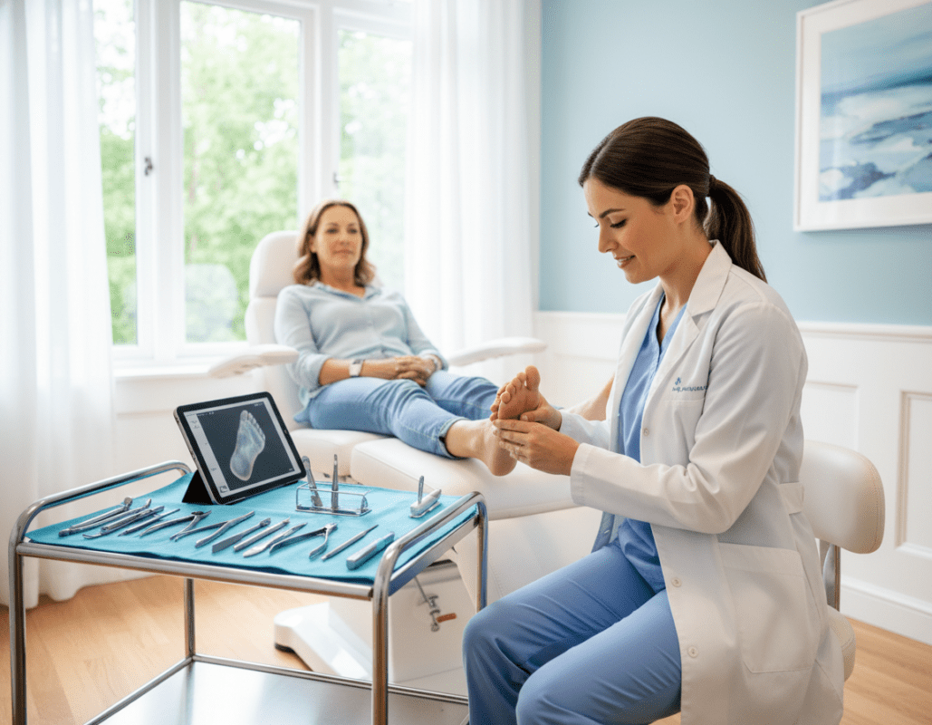 A modern podiatry clinic interior, showcasing a treatment room with state-of-the-art equipment for foot care. In the foreground, a podiatrist wearing professional attire is examining a patient’s foot, highlighting an approach to foot treatment. The podiatrist should appear focused and compassionate, demonstrating a commitment to patient care. The middle ground features organized medical instruments, including foot care tools and an examination chair. In the background, a clean and well-lit environment with soft, natural light filtering through large windows enhancing the calming atmosphere. The color palette should be soothing blues and whites, evoking professionalism and serenity. The scene conveys a sense of trust and expertise in modern podiatric practices. A modern podiatry clinic interior, showcasing a treatment room with state-of-the-art equipment for foot care. In the foreground, a podiatrist wearing professional attire is examining a patient’s foot, highlighting an approach to foot treatment. The podiatrist should appear focused and compassionate, demonstrating a commitment to patient care. The middle ground features organized medical instruments, including foot care tools and an examination chair. In the background, a clean and well-lit environment with soft, natural light filtering through large windows enhancing the calming atmosphere. The color palette should be soothing blues and whites, evoking professionalism and serenity. The scene conveys a sense of trust and expertise in modern podiatric practices.