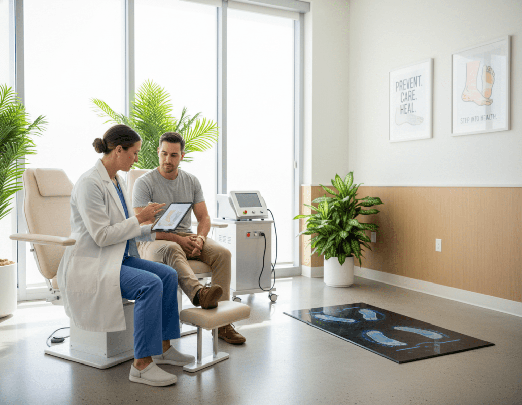 A modern podiatry clinic interior showcasing innovative therapies. In the foreground, a professional podiatrist, dressed in a crisp white lab coat and blue scrubs, is consulting with a patient seated on a comfortable examination chair, both appearing engaged and focused. The middle ground features advanced therapeutic equipment such as laser therapy devices and orthotic foot scanners, highlighting modern techniques. Bright, natural light streams through large windows, creating a clean and welcoming atmosphere. The background includes minimalist decor, soft green plants, and health-related posters that emphasize prevention and care. The overall mood is professional yet warm, conveying the importance of preventive care in podiatry. A modern podiatry clinic interior showcasing innovative therapies. In the foreground, a professional podiatrist, dressed in a crisp white lab coat and blue scrubs, is consulting with a patient seated on a comfortable examination chair, both appearing engaged and focused. The middle ground features advanced therapeutic equipment such as laser therapy devices and orthotic foot scanners, highlighting modern techniques. Bright, natural light streams through large windows, creating a clean and welcoming atmosphere. The background includes minimalist decor, soft green plants, and health-related posters that emphasize prevention and care. The overall mood is professional yet warm, conveying the importance of preventive care in podiatry.