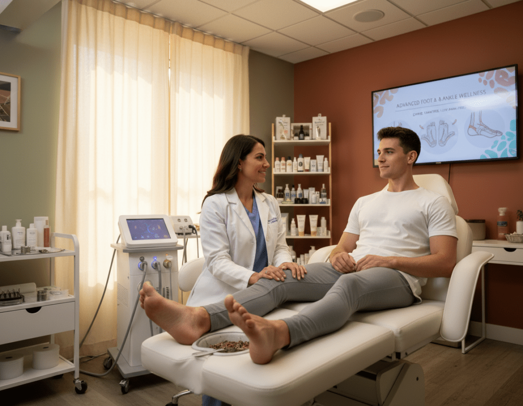 A professional and soothing scene depicting a podiatrist giving specialized foot treatment to an athletic dancer in a warm, inviting clinic. The foreground captures the focused interaction between the podiatrist, wearing a white coat and respectful attire, and the dancer, dressed in comfortable athletic wear. Their expressions convey trust and relaxation. The middle ground shows medical equipment and soothing colors typical of a health care environment, with soft lighting enhancing the calm atmosphere. The background features a clean, organized space with posters or digital displays about foot health and treatments. The angle is slightly elevated, capturing the interaction and the professionalism of the setting, all while ensuring an uplifting, encouraging mood throughout the image. A professional and soothing scene depicting a podiatrist giving specialized foot treatment to an athletic dancer in a warm, inviting clinic. The foreground captures the focused interaction between the podiatrist, wearing a white coat and respectful attire, and the dancer, dressed in comfortable athletic wear. Their expressions convey trust and relaxation. The middle ground shows medical equipment and soothing colors typical of a health care environment, with soft lighting enhancing the calm atmosphere. The background features a clean, organized space with posters or digital displays about foot health and treatments. The angle is slightly elevated, capturing the interaction and the professionalism of the setting, all while ensuring an uplifting, encouraging mood throughout the image.