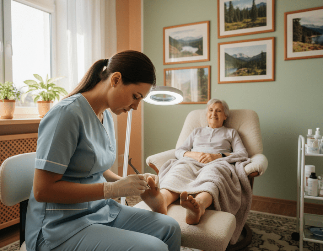 A professional female foot care specialist, dressed in a smart, modest uniform, is attentively examining a senior client's feet in a warmly lit, cozy room. The foreground features the specialist, focusing on her delicate, skilled hands as she uses a manicure tool. In the middle of the scene, the elderly client sits comfortably in a plush armchair, looking relaxed and content. The background showcases a calm setting, with soft pastel-colored walls and framed photographs of nature. Gentle natural light filters in through a window, casting a soothing glow over the scene. The overall atmosphere is one of care, professionalism, and tranquility, emphasizing the expertise and compassion of the foot care specialist. A professional female foot care specialist, dressed in a smart, modest uniform, is attentively examining a senior client's feet in a warmly lit, cozy room. The foreground features the specialist, focusing on her delicate, skilled hands as she uses a manicure tool. In the middle of the scene, the elderly client sits comfortably in a plush armchair, looking relaxed and content. The background showcases a calm setting, with soft pastel-colored walls and framed photographs of nature. Gentle natural light filters in through a window, casting a soothing glow over the scene. The overall atmosphere is one of care, professionalism, and tranquility, emphasizing the expertise and compassion of the foot care specialist.