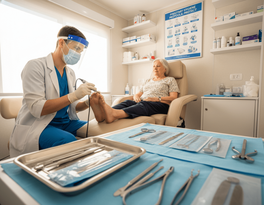A professional mobile podiatrist in a clean, well-lit clinic, demonstrating hygiene standards in foot care. In the foreground, a stainless steel tray displays sanitized instruments, gleaming under bright, natural light. The middle features a comfortable treatment chair where an elderly patient, dressed in modest casual clothing, sits with their feet being examined by the podiatrist. The background includes shelves with neatly organized medical supplies and a large poster on hygiene protocols visible on the wall. The scene conveys a sense of calm professionalism, with soft, warm lighting to create an inviting atmosphere. The angle is slightly tilted to showcase both the instruments and the caring interaction between the podiatrist and the patient, emphasizing safety and comfort in podiatric care. A professional mobile podiatrist in a clean, well-lit clinic, demonstrating hygiene standards in foot care. In the foreground, a stainless steel tray displays sanitized instruments, gleaming under bright, natural light. The middle features a comfortable treatment chair where an elderly patient, dressed in modest casual clothing, sits with their feet being examined by the podiatrist. The background includes shelves with neatly organized medical supplies and a large poster on hygiene protocols visible on the wall. The scene conveys a sense of calm professionalism, with soft, warm lighting to create an inviting atmosphere. The angle is slightly tilted to showcase both the instruments and the caring interaction between the podiatrist and the patient, emphasizing safety and comfort in podiatric care.