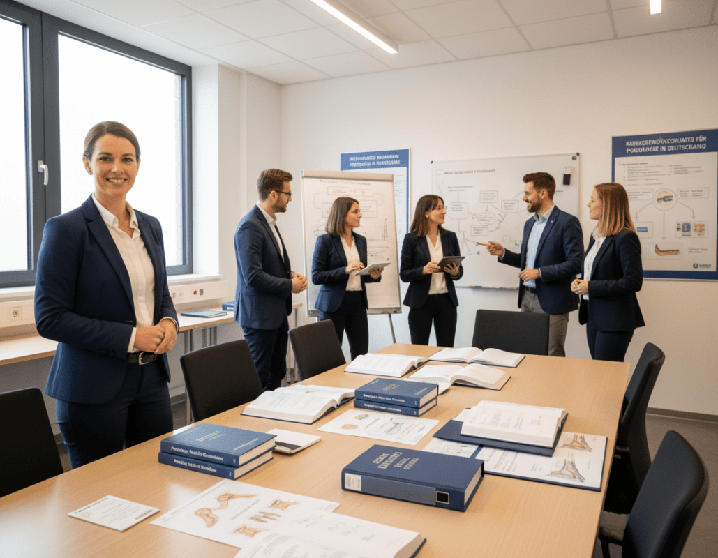 A professional setting depicting the legal framework and educational pathways of podiatry in Germany. In the foreground, a confident instructor in smart business attire stands beside a table stacked with educational materials, like textbooks and legal documents. In the middle ground, a diverse group of students, also in professional attire, attentively engage in discussion, examining charts related to podology. The background features an academic classroom with posters about podiatry regulations and career options on the walls, bathed in soft, warm lighting that creates an inviting atmosphere. The view is from a slightly elevated angle, giving a sense of depth to the scene, while maintaining a focused mood that conveys professionalism and learning. A professional setting depicting the legal framework and educational pathways of podiatry in Germany. In the foreground, a confident instructor in smart business attire stands beside a table stacked with educational materials, like textbooks and legal documents. In the middle ground, a diverse group of students, also in professional attire, attentively engage in discussion, examining charts related to podology. The background features an academic classroom with posters about podiatry regulations and career options on the walls, bathed in soft, warm lighting that creates an inviting atmosphere. The view is from a slightly elevated angle, giving a sense of depth to the scene, while maintaining a focused mood that conveys professionalism and learning.