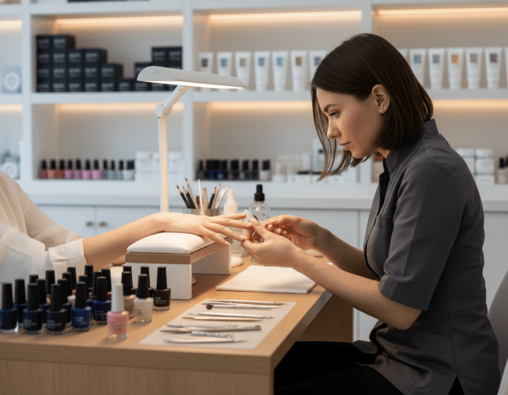 A serene and professional nail care setting featuring a well-lit manicure station. In the foreground, a skilled nail technician, dressed in a neat, professional uniform, delicately applies a nail prosthetic to a client's hand. The client's hands are relaxed, showcasing beautifully maintained natural nails alongside the prosthetic. In the middle ground, a polished wooden table is adorned with an array of colorful nail polish bottles and precision tools, reflecting a warm atmosphere. The background reveals soft-focus shelves lined with organized nail care products, illuminated by soft overhead lights, creating a calming ambiance. The overall mood is one of cleanliness, professionalism, and attentive care, inviting viewers to appreciate the importance of effective nail care and prosthetics. A serene and professional nail care setting featuring a well-lit manicure station. In the foreground, a skilled nail technician, dressed in a neat, professional uniform, delicately applies a nail prosthetic to a client's hand. The client's hands are relaxed, showcasing beautifully maintained natural nails alongside the prosthetic. In the middle ground, a polished wooden table is adorned with an array of colorful nail polish bottles and precision tools, reflecting a warm atmosphere. The background reveals soft-focus shelves lined with organized nail care products, illuminated by soft overhead lights, creating a calming ambiance. The overall mood is one of cleanliness, professionalism, and attentive care, inviting viewers to appreciate the importance of effective nail care and prosthetics.