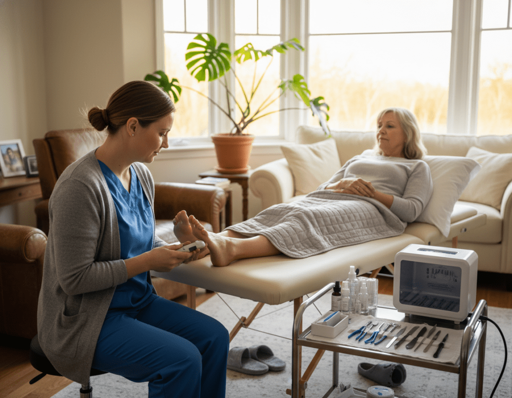 A serene home setting showcasing mobile medical foot care. In the foreground, a professional podiatrist, dressed in smart casual attire, is carefully examining a patient's foot on a portable treatment table. The patient, a middle-aged individual, appears relaxed and comfortable. In the middle ground, the podiatrist’s tool kit is neatly organized, with various medical instruments visible. The background features a cozy living room with soft, warm lighting filtering through a large window, creating a calm atmosphere. A potted plant adds a touch of greenery, enhancing the overall peaceful setting. The image captures a moment of professional care and trust, emphasizing the importance of mobile medical services. A serene home setting showcasing mobile medical foot care. In the foreground, a professional podiatrist, dressed in smart casual attire, is carefully examining a patient's foot on a portable treatment table. The patient, a middle-aged individual, appears relaxed and comfortable. In the middle ground, the podiatrist’s tool kit is neatly organized, with various medical instruments visible. The background features a cozy living room with soft, warm lighting filtering through a large window, creating a calm atmosphere. A potted plant adds a touch of greenery, enhancing the overall peaceful setting. The image captures a moment of professional care and trust, emphasizing the importance of mobile medical services.