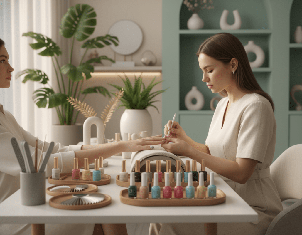A serene spa setting focused on nail treatments, with a clean and modern aesthetic. In the foreground, a beautifully arranged table featuring various nail care tools: nail files, cuticle pushers, and vibrant nail polishes in an array of colors. In the middle ground, a professional nail technician, dressed in modest attire, is performing a manicure on a client’s hands, showcasing detailed nail art and healthy nails. The background should include soft, calming colors and gentle lighting, emphasizing a tranquil atmosphere with potted plants and elegant décor. Use a soft focus lens effect to create a warm, inviting mood that highlights the meticulous details of nail care. A serene spa setting focused on nail treatments, with a clean and modern aesthetic. In the foreground, a beautifully arranged table featuring various nail care tools: nail files, cuticle pushers, and vibrant nail polishes in an array of colors. In the middle ground, a professional nail technician, dressed in modest attire, is performing a manicure on a client’s hands, showcasing detailed nail art and healthy nails. The background should include soft, calming colors and gentle lighting, emphasizing a tranquil atmosphere with potted plants and elegant décor. Use a soft focus lens effect to create a warm, inviting mood that highlights the meticulous details of nail care.