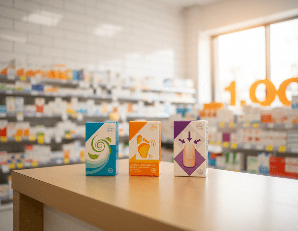 A visually engaging comparison of various antifungal nail treatments showcasing packaging of popular over-the-counter products. In the foreground, feature three distinct nail fungus treatment boxes with colorful designs, labeled clearly but without text. In the middle ground, create a subtle blending of blurred pharmacy shelves conveying a variety of buying options, emphasizing the theme of price-performance. The background should have soft, warm lighting to evoke a comfortable, inviting atmosphere, with a focus on cleanliness and health. Use a shallow depth of field to highlight the products, with a slight tilt angle to add visual interest. The overall mood is informative yet approachable, perfect for understanding purchasing options in a modern pharmacy setting. A visually engaging comparison of various antifungal nail treatments showcasing packaging of popular over-the-counter products. In the foreground, feature three distinct nail fungus treatment boxes with colorful designs, labeled clearly but without text. In the middle ground, create a subtle blending of blurred pharmacy shelves conveying a variety of buying options, emphasizing the theme of price-performance. The background should have soft, warm lighting to evoke a comfortable, inviting atmosphere, with a focus on cleanliness and health. Use a shallow depth of field to highlight the products, with a slight tilt angle to add visual interest. The overall mood is informative yet approachable, perfect for understanding purchasing options in a modern pharmacy setting.