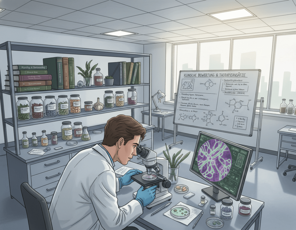 A visually engaging illustration focused on "Wissenschaftliche Grundlagen Nagelpilzbehandlung", featuring a well-organized laboratory setting. In the foreground, a close-up view of a professional researcher in a lab coat examining fungal samples under a microscope, showcasing intricate details of the fungal structure. In the middle ground, shelves filled with scientific books and jars containing herbal extracts, indicative of natural treatment options. The background includes a large whiteboard with diagrams and research notes outlining clinical plausibility. Soft, bright lighting emphasizes the clean and sterile environment, creating a mood of focused innovation and professionalism. The angle is slightly tilted from above to capture both the researcher’s workings and the details of the surrounding materials, ensuring a thoughtful representation of scientific inquiry into nail fungus treatment. A visually engaging illustration focused on "Wissenschaftliche Grundlagen Nagelpilzbehandlung", featuring a well-organized laboratory setting. In the foreground, a close-up view of a professional researcher in a lab coat examining fungal samples under a microscope, showcasing intricate details of the fungal structure. In the middle ground, shelves filled with scientific books and jars containing herbal extracts, indicative of natural treatment options. The background includes a large whiteboard with diagrams and research notes outlining clinical plausibility. Soft, bright lighting emphasizes the clean and sterile environment, creating a mood of focused innovation and professionalism. The angle is slightly tilted from above to capture both the researcher’s workings and the details of the surrounding materials, ensuring a thoughtful representation of scientific inquiry into nail fungus treatment.