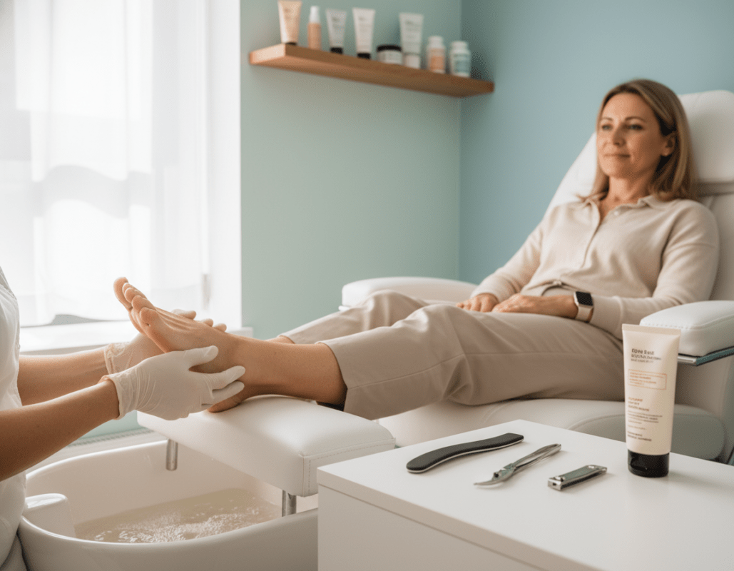 A well-lit foot care clinic scene focusing on preventive foot care measures. In the foreground, a close-up of a professional gently examining a person's foot, demonstrating techniques for maintaining foot health. The person should be wearing modest casual clothing, seated comfortably in a pedicure chair. In the middle, display tools like a foot file, moisturizer, and a pair of clippers organized neatly on a hygienic workspace. The background features soft, soothing colors with a shelf displaying foot care products like creams and powders. The lighting is warm and inviting, casting gentle shadows to create a calm atmosphere. Capture the essence of careful, preventative care emphasizing the importance of foot health, free from any text or distractions. A well-lit foot care clinic scene focusing on preventive foot care measures. In the foreground, a close-up of a professional gently examining a person's foot, demonstrating techniques for maintaining foot health. The person should be wearing modest casual clothing, seated comfortably in a pedicure chair. In the middle, display tools like a foot file, moisturizer, and a pair of clippers organized neatly on a hygienic workspace. The background features soft, soothing colors with a shelf displaying foot care products like creams and powders. The lighting is warm and inviting, casting gentle shadows to create a calm atmosphere. Capture the essence of careful, preventative care emphasizing the importance of foot health, free from any text or distractions.