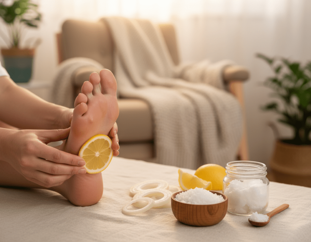 A well-organized, visually appealing step-by-step guide for at-home treatment of corns, with a focus on natural remedies like onions and lemons. In the foreground, display a close-up of hands carefully applying a sliced lemon on a foot, with corns visible. In the middle ground, arrange additional natural ingredients—onion slices, a bowl of Epsom salt, and a small container of coconut oil—on a soft, textured linen surface. In the background, softly blurred, create a cozy domestic setting with warm, ambient lighting to evoke a caring atmosphere. The composition should suggest a calm and patient approach to home remedies for foot care, emphasizing simplicity and natural healing. Ensure the image maintains a professional and inviting feel. A well-organized, visually appealing step-by-step guide for at-home treatment of corns, with a focus on natural remedies like onions and lemons. In the foreground, display a close-up of hands carefully applying a sliced lemon on a foot, with corns visible. In the middle ground, arrange additional natural ingredients—onion slices, a bowl of Epsom salt, and a small container of coconut oil—on a soft, textured linen surface. In the background, softly blurred, create a cozy domestic setting with warm, ambient lighting to evoke a caring atmosphere. The composition should suggest a calm and patient approach to home remedies for foot care, emphasizing simplicity and natural healing. Ensure the image maintains a professional and inviting feel.