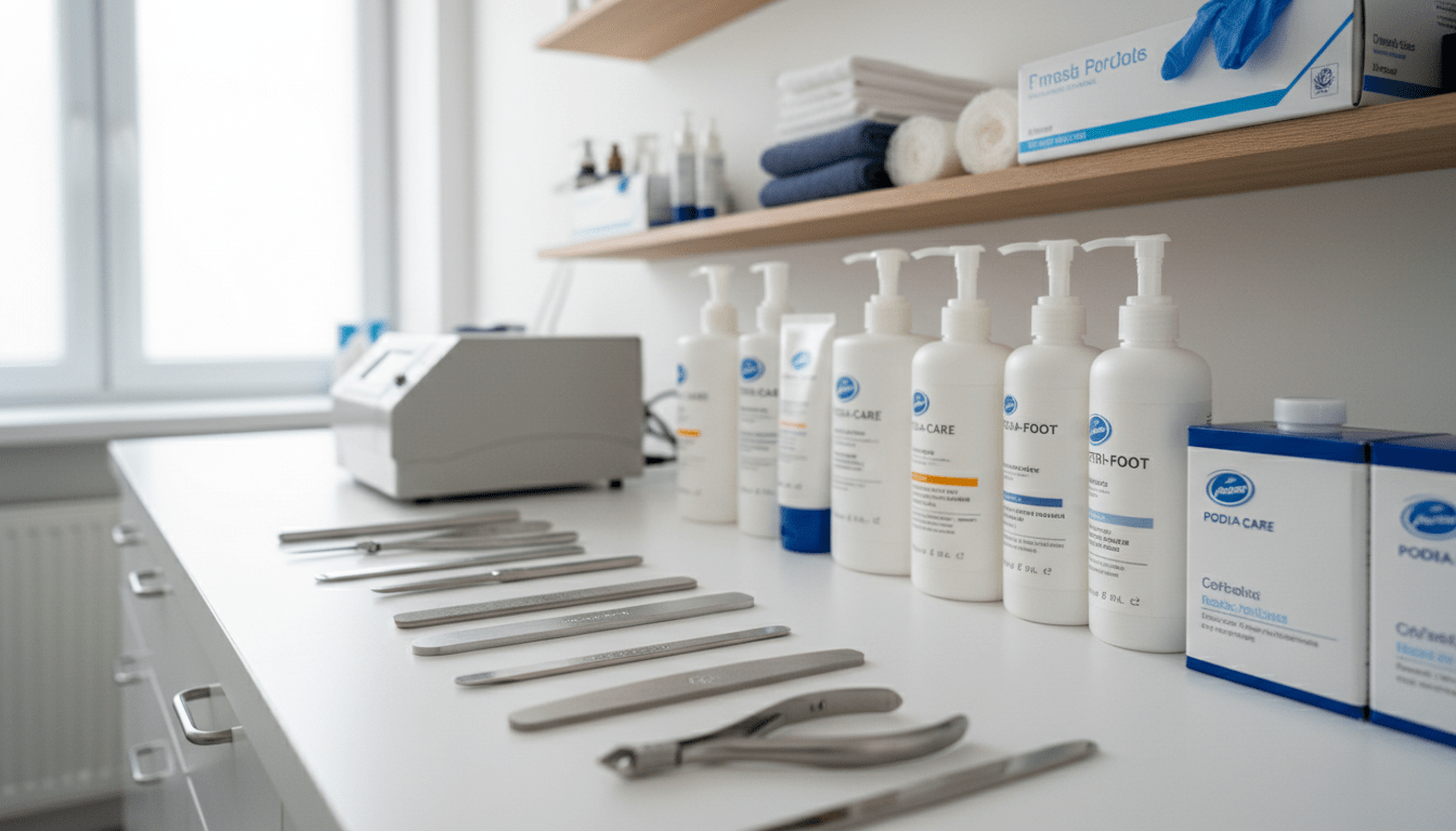 A bright and clean podiatry workspace showcasing high-quality, hygienic footcare instruments and materials. In the foreground, display neatly arranged tools such as nail files, clippers, and sterilization equipment on a white, sanitized surface. The middle ground features professional-grade lotions and creams neatly organized in labeled containers, emphasizing safety and quality. In the background, softly blurred, a clean and organized shelf filled with additional footcare supplies can be seen. The lighting is soft and bright, creating a sterile yet welcoming atmosphere, with an emphasis on clarity and professionalism. The overall mood conveys trust and reassurance, suitable for a clinical yet approachable setting focused on patient care. A bright and clean podiatry workspace showcasing high-quality, hygienic footcare instruments and materials. In the foreground, display neatly arranged tools such as nail files, clippers, and sterilization equipment on a white, sanitized surface. The middle ground features professional-grade lotions and creams neatly organized in labeled containers, emphasizing safety and quality. In the background, softly blurred, a clean and organized shelf filled with additional footcare supplies can be seen. The lighting is soft and bright, creating a sterile yet welcoming atmosphere, with an emphasis on clarity and professionalism. The overall mood conveys trust and reassurance, suitable for a clinical yet approachable setting focused on patient care.