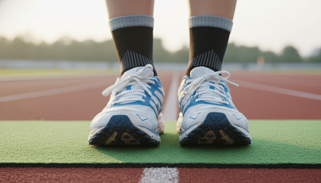 A close-up image of high-performance athletic shoes and moisture-wicking socks ideal for preventing blisters during sports activities. In the foreground, showcase the shoes with a textured grip sole and breathable mesh upper, paired with snug-fitting, cushioned socks that have a seamless design. In the middle, display an exercise mat or grass turf, hinting at an active environment. The background features a blurred outdoor running track under soft, natural daylight, enhancing the athletic atmosphere. Use a wide-angle lens to capture the details of the shoes and socks clearly. The mood is energetic and motivational, emphasizing a professional approach to foot care in sports, while ensuring the image remains focused and uncluttered.