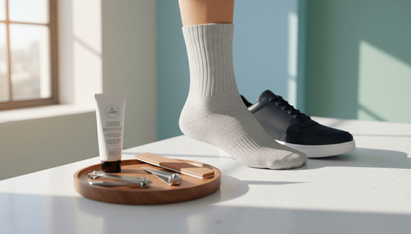 A close-up of a well-organized, professional foot care setup on a clean, minimalistic countertop. In the foreground, neatly arranged foot care tools such as nail clippers, a foot file, and moisturizing cream. In the middle ground, a pair of stylish, well-fitted shoes, demonstrating the importance of correct footwear, positioned attractively beside a healthy, well-groomed foot wearing a comfortable sock. The background features a soft-focus medical office, with a calming color palette of blues and greens, evoking a sense of cleanliness and professionalism. Natural light filters in through a nearby window, casting gentle shadows to create depth, enhancing the overall mood of care and prevention in foot health. A close-up of a well-organized, professional foot care setup on a clean, minimalistic countertop. In the foreground, neatly arranged foot care tools such as nail clippers, a foot file, and moisturizing cream. In the middle ground, a pair of stylish, well-fitted shoes, demonstrating the importance of correct footwear, positioned attractively beside a healthy, well-groomed foot wearing a comfortable sock. The background features a soft-focus medical office, with a calming color palette of blues and greens, evoking a sense of cleanliness and professionalism. Natural light filters in through a nearby window, casting gentle shadows to create depth, enhancing the overall mood of care and prevention in foot health.