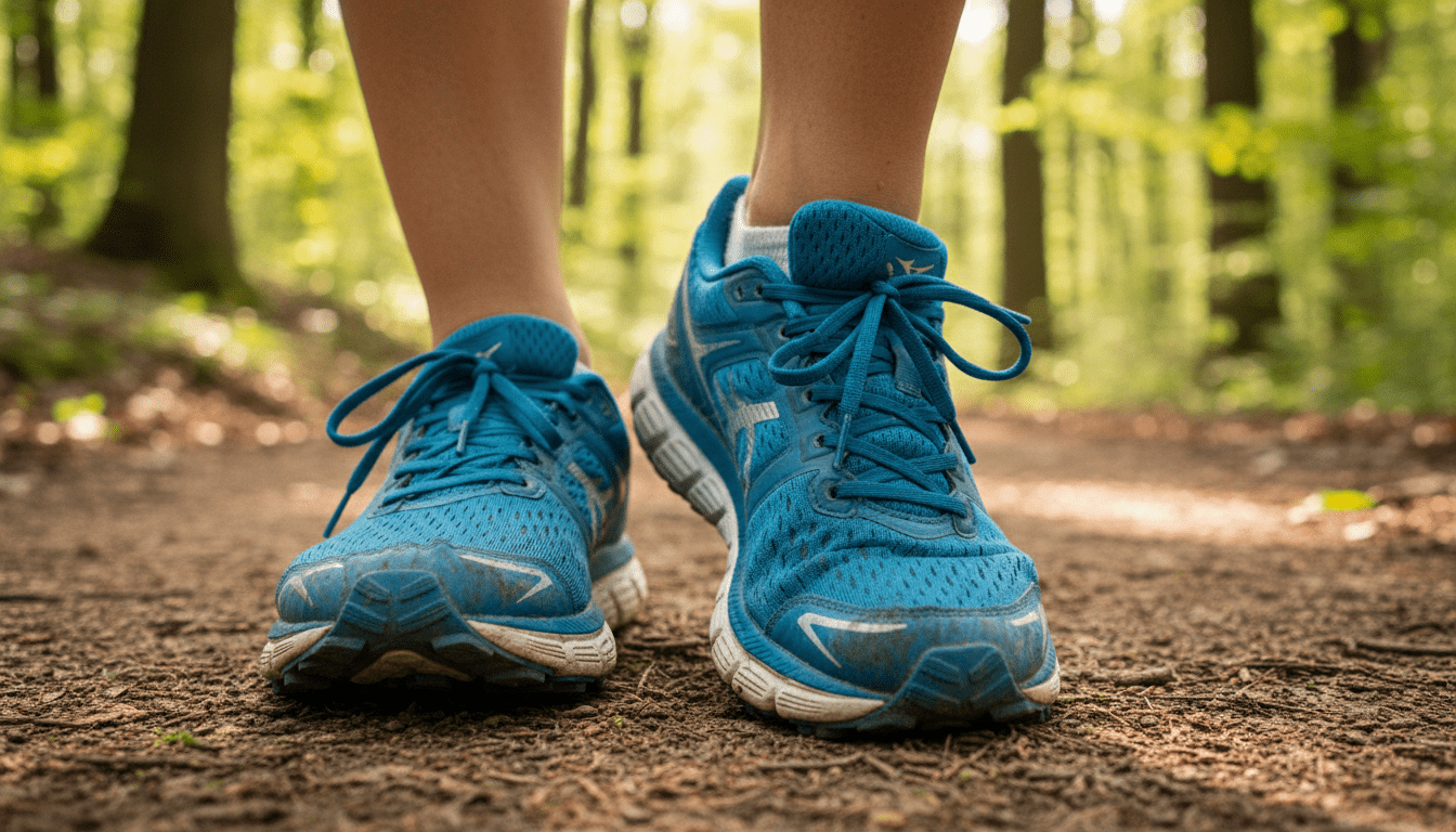 Blauer Zehennagel bei Läufern durch wiederholte Belastung im Laufschuh Blauer Zehennagel nach dem Laufen: Nahaufnahme von Laufschuhen auf einem Waldweg
