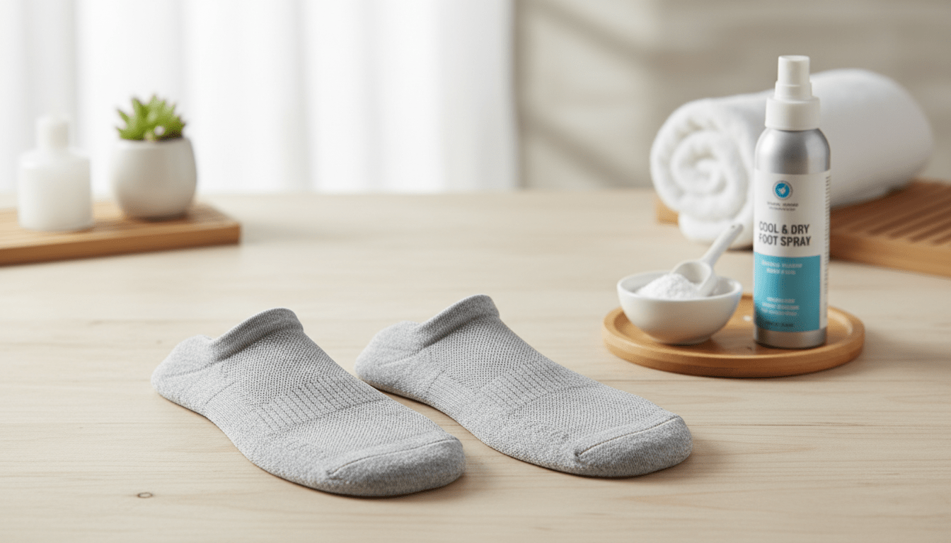A close-up shot of a pair of clean, breathable socks designed specifically for sweaty feet, laid out on a wooden surface. In the foreground, showcase the socks with intricate details like moisture-wicking fabric texture and comfortable seams. The middle ground features a small bowl of foot powder and a bottle of foot spray for hygiene, emphasizing care and maintenance. In the background, a serene bathroom setting with soft, natural lighting creates a calming atmosphere, accentuated by a neatly arranged towel and a potted plant. The image conveys an informative and hygienic mood, suitable for educating readers on sock care and hygiene practices for sweaty feet. A close-up shot of a pair of clean, breathable socks designed specifically for sweaty feet, laid out on a wooden surface. In the foreground, showcase the socks with intricate details like moisture-wicking fabric texture and comfortable seams. The middle ground features a small bowl of foot powder and a bottle of foot spray for hygiene, emphasizing care and maintenance. In the background, a serene bathroom setting with soft, natural lighting creates a calming atmosphere, accentuated by a neatly arranged towel and a potted plant. The image conveys an informative and hygienic mood, suitable for educating readers on sock care and hygiene practices for sweaty feet.