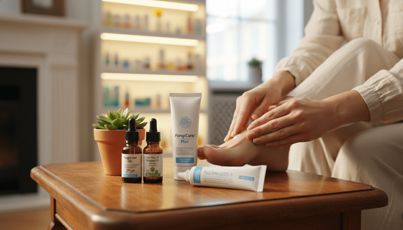 A close-up view of a detailed nail fungus treatment scene, featuring a selection of various treatment options displayed artfully on a wooden table. In the foreground, include a bottle of antifungal medication, a tube of topical cream, and natural remedies like tea tree oil, accompanied by a small potted plant for a fresh touch. In the middle ground, position a pair of clean, manicured hands demonstrating proper application methods, wearing professional and modest casual attire. The background should softly blur to reveal a well-lit pharmacy or a cozy home environment, with warm ambient lighting highlighting the products. The overall mood is calm and informative, inviting viewers to explore effective treatment solutions for nail fungus. A close-up view of a detailed nail fungus treatment scene, featuring a selection of various treatment options displayed artfully on a wooden table. In the foreground, include a bottle of antifungal medication, a tube of topical cream, and natural remedies like tea tree oil, accompanied by a small potted plant for a fresh touch. In the middle ground, position a pair of clean, manicured hands demonstrating proper application methods, wearing professional and modest casual attire. The background should softly blur to reveal a well-lit pharmacy or a cozy home environment, with warm ambient lighting highlighting the products. The overall mood is calm and informative, inviting viewers to explore effective treatment solutions for nail fungus.