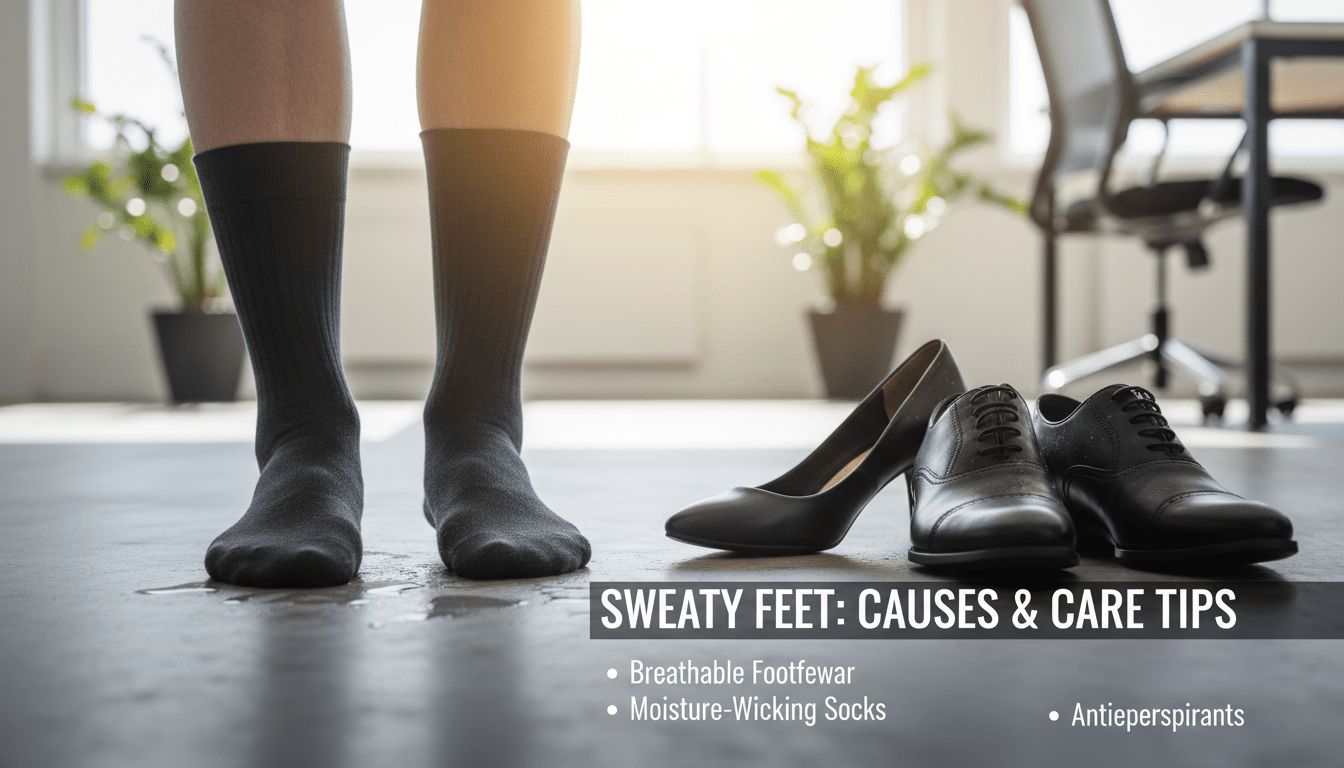 A close-up view of a pair of feet dressed in professional business attire, subtly showing signs of excessive sweating to illustrate the medical condition of sweaty feet. The foreground features the feet positioned on a clean, smooth surface, with visible moisture around the soles. In the middle ground, a pair of stylish yet professional shoes lies nearby, hinting at the footwear-related causes of the issue. The background includes a softly blurred office environment, with natural light streaming in from a window, creating a warm and inviting atmosphere. The composition conveys a sense of concern and understanding, emphasizing the subject of causes and treatment tips for sweaty feet. The overall mood is informative and professional, focusing on education rather than discomfort.