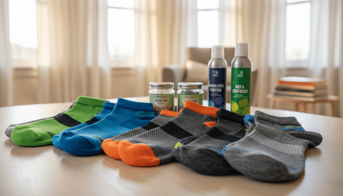 A close-up view of high-quality socks designed to combat sweaty feet, displayed on a light wooden surface. The foreground showcases a variety of socks made from moisture-wicking materials, such as merino wool and synthetic blends, featuring vibrant colors and patterns. In the middle ground, there's a subtle arrangement of foot care products like foot powder and deodorizing sprays, hinting at their connection to sock performance. The background presents a softly blurred ambiance of a cozy room, with natural light streaming in, creating a warm and inviting atmosphere that emphasizes comfort and dryness. Use a shallow depth of field to draw attention to the socks, capturing details like textures and stitching. The overall mood is clean, fresh, and informative, perfect for highlighting effective sock recommendations against sweaty feet. A close-up view of high-quality socks designed to combat sweaty feet, displayed on a light wooden surface. The foreground showcases a variety of socks made from moisture-wicking materials, such as merino wool and synthetic blends, featuring vibrant colors and patterns. In the middle ground, there's a subtle arrangement of foot care products like foot powder and deodorizing sprays, hinting at their connection to sock performance. The background presents a softly blurred ambiance of a cozy room, with natural light streaming in, creating a warm and inviting atmosphere that emphasizes comfort and dryness. Use a shallow depth of field to draw attention to the socks, capturing details like textures and stitching. The overall mood is clean, fresh, and informative, perfect for highlighting effective sock recommendations against sweaty feet.