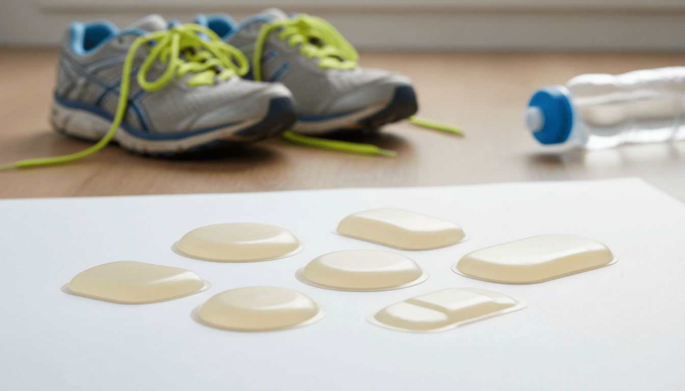 A close-up view of specialized blister bandages designed for foot treatment laid out on a clean, white surface. The bandages are various sizes and shapes, prominently featuring their cushioned, gel-like texture that offers protection and relief from blisters. In the background, a pair of athletic shoes and a water bottle suggest a sports environment, enhancing the context. Soft, diffused natural lighting highlights the bandages, creating gentle shadows that emphasize their contours. The overall mood is professional and medical, aiming to convey a sense of care and urgency for effective blister treatment. No text or logos are present, focusing solely on the products. A close-up view of specialized blister bandages designed for foot treatment laid out on a clean, white surface. The bandages are various sizes and shapes, prominently featuring their cushioned, gel-like texture that offers protection and relief from blisters. In the background, a pair of athletic shoes and a water bottle suggest a sports environment, enhancing the context. Soft, diffused natural lighting highlights the bandages, creating gentle shadows that emphasize their contours. The overall mood is professional and medical, aiming to convey a sense of care and urgency for effective blister treatment. No text or logos are present, focusing solely on the products.