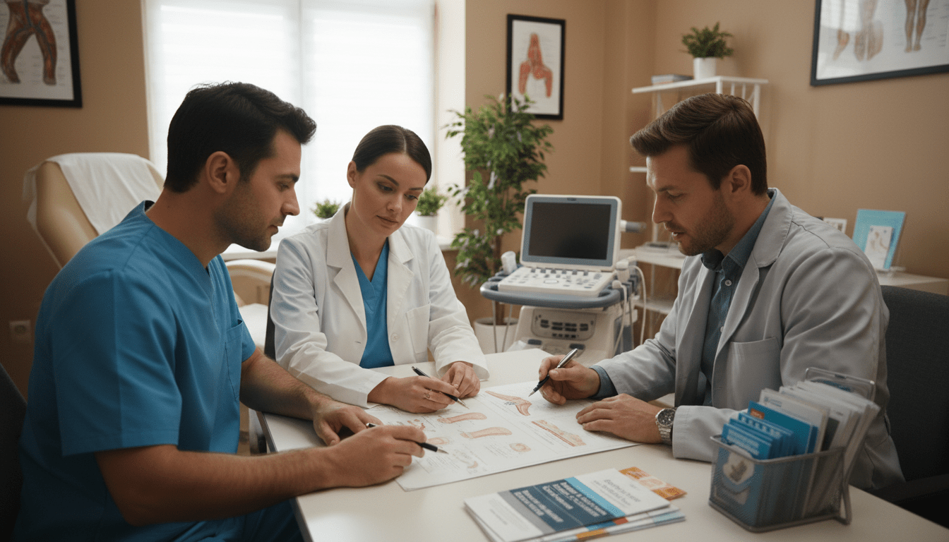 A collaborative scene depicting interdisciplinary teamwork in managing vascular diseases, focusing on foot care for circulation disorders. In the foreground, a diverse group of health professionals—doctors, nurses, and podiatrists—discuss a patient's care plan, pointing at a comprehensive chart. They are dressed in professional attire, conveying a sense of expertise and teamwork. The middle ground features medical equipment like a Doppler ultrasound and educational pamphlets on circulation disorders. In the background, a warm, inviting clinic environment with soft lighting enhances the atmosphere of care and professionalism. The image should evoke a mood of collaboration, diligence, and compassion, with a focus on preventative measures in healthcare. A collaborative scene depicting interdisciplinary teamwork in managing vascular diseases, focusing on foot care for circulation disorders. In the foreground, a diverse group of health professionals—doctors, nurses, and podiatrists—discuss a patient's care plan, pointing at a comprehensive chart. They are dressed in professional attire, conveying a sense of expertise and teamwork. The middle ground features medical equipment like a Doppler ultrasound and educational pamphlets on circulation disorders. In the background, a warm, inviting clinic environment with soft lighting enhances the atmosphere of care and professionalism. The image should evoke a mood of collaboration, diligence, and compassion, with a focus on preventative measures in healthcare.