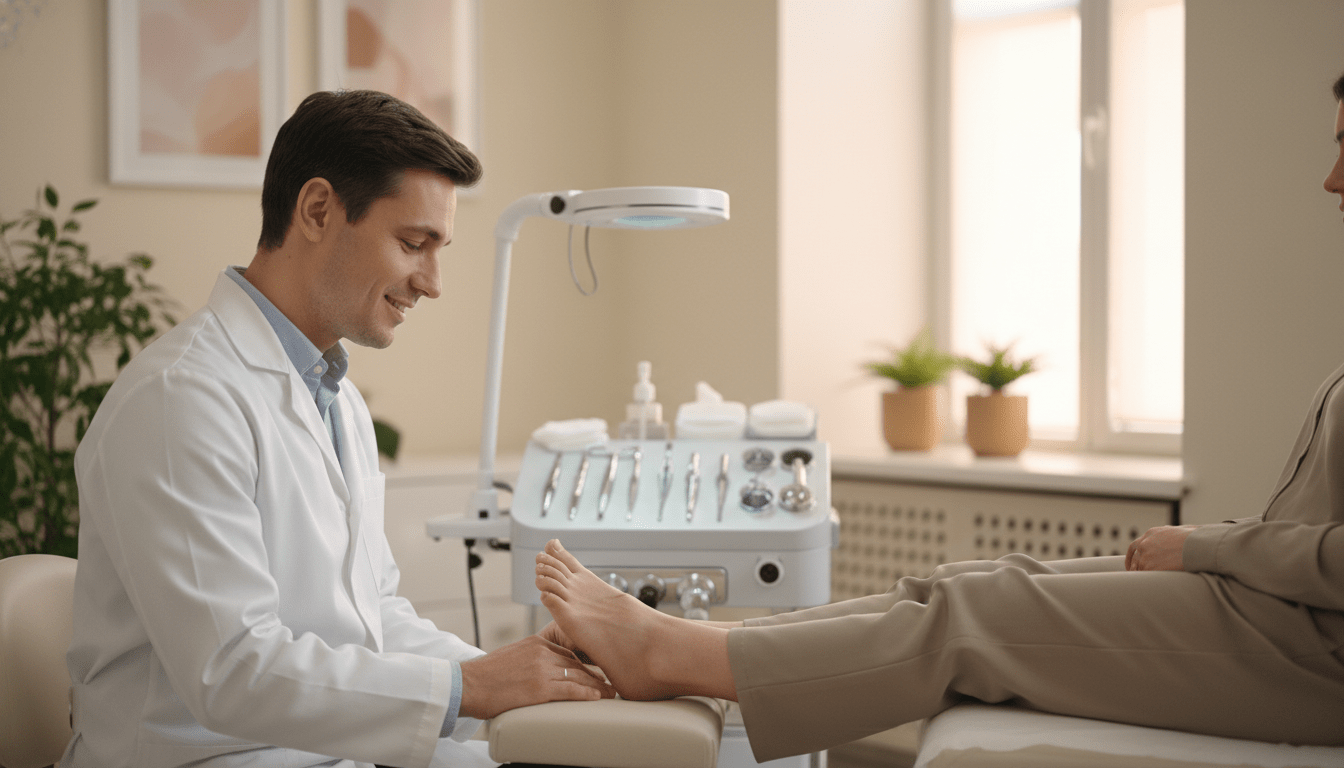 A compassionate podiatrist engages with a patient in a clean, welcoming clinic setting. The foreground features a neatly dressed podiatrist, wearing a white coat and friendly demeanor, examining a patient’s foot gently. The patient, comfortably dressed in modest casual wear, shows relief and openness, overcoming feelings of shame. In the middle ground, clinical tools and a foot examination station are visible, emphasizing professionalism and care. The background is softly blurred, suggesting a tranquil office with calming colors and plants, enhancing the reassuring atmosphere. Soft, diffused lighting fills the room, creating an inviting environment that highlights the gentle interaction. The overall mood is supportive and uplifting, conveying encouragement to those facing foot problems.
