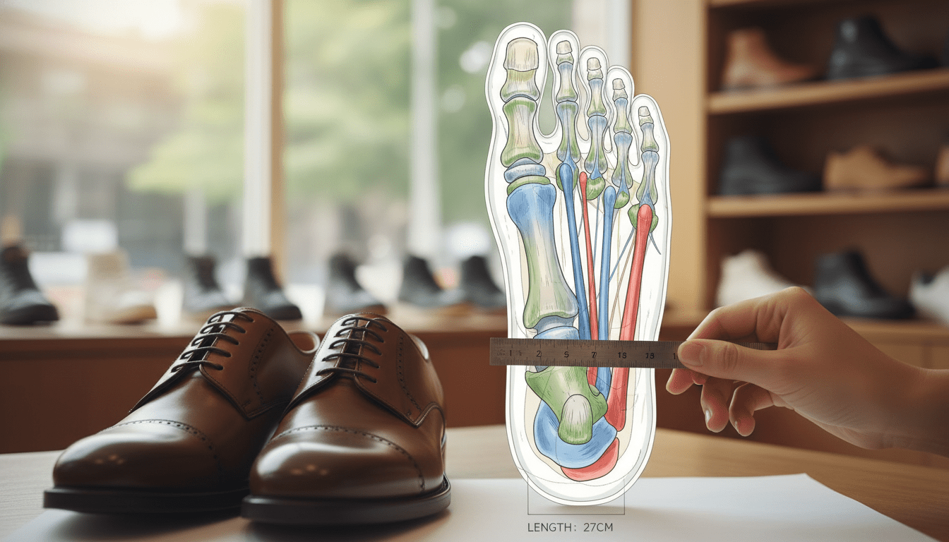 A detailed anatomical illustration showcasing the basics of shoe size and foot anatomy. In the foreground, a pair of professional-looking, well-fitted shoes placed next to a human foot anatomy diagram, highlighting key areas such as arches, toes, and heel. In the middle, a hand gently measuring the foot with a ruler, emphasizing precision in shoe fitting. The background features a softly lit shoe store interior with neatly arranged shoes on shelves, creating an inviting atmosphere. Soft natural lighting enhances the details of the foot anatomy illustration, reflecting a warm, educational mood. Use a macro lens perspective to capture intricate details, ensuring clarity and focus without any text or branding elements. A detailed anatomical illustration showcasing the basics of shoe size and foot anatomy. In the foreground, a pair of professional-looking, well-fitted shoes placed next to a human foot anatomy diagram, highlighting key areas such as arches, toes, and heel. In the middle, a hand gently measuring the foot with a ruler, emphasizing precision in shoe fitting. The background features a softly lit shoe store interior with neatly arranged shoes on shelves, creating an inviting atmosphere. Soft natural lighting enhances the details of the foot anatomy illustration, reflecting a warm, educational mood. Use a macro lens perspective to capture intricate details, ensuring clarity and focus without any text or branding elements.