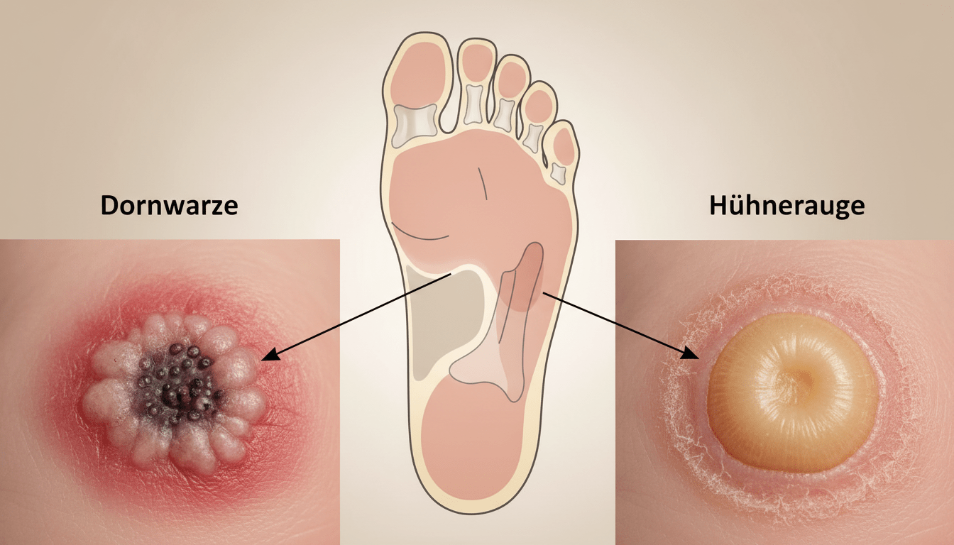A detailed comparison illustration showcasing the differences between plantar warts (Dornwarzen) and corns (Hühneraugen) on the feet. In the foreground, depict a close-up of the two conditions side by side; on the left, a plantar wart with a raised, rough surface and a darker center, surrounded by skin irritation, while on the right, a corn appears smooth, circular, and hardened, with a yellowish tone. In the middle ground, create an anatomical diagram label indicating the areas of the foot affected by each condition. The background should be softly blurred with a neutral color to keep the focus on the feet, using soft, diffuse lighting to enhance details without harsh shadows. Aim for a clinical yet educational mood to effectively convey the differences to viewers.
