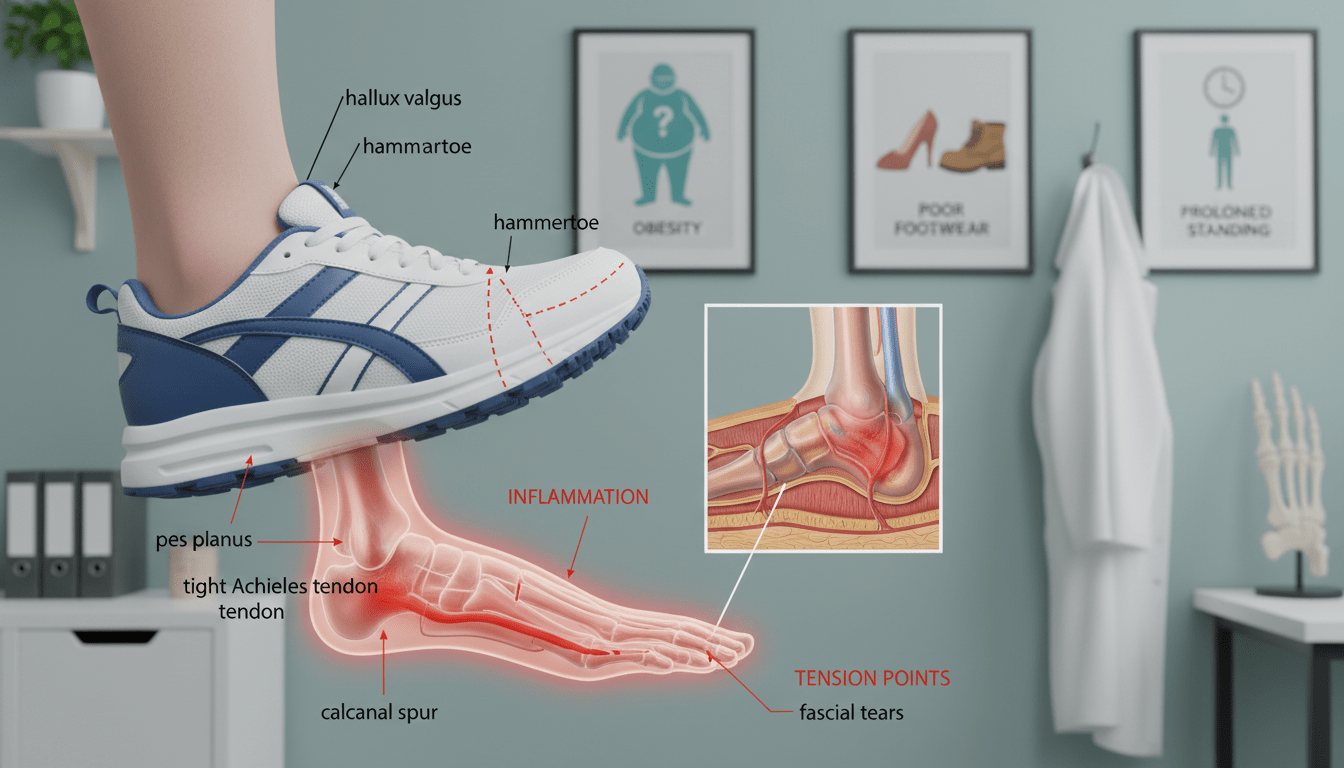 A detailed illustration of risk factors for heel pain, featuring a human foot in the foreground, adorned in a simple, professional sneaker, showcasing common anatomical markers for plantar fasciitis. In the middle ground, display an anatomical depiction of the plantar fascia, with labels indicating inflammation and tension points. The background should feature subtle visual representations of various risk factors like poor footwear, obesity, and prolonged standing, integrated within a clinical environment that resembles a podiatrist's office with medical charts on the wall. Use soft, natural lighting to convey a calm and informative atmosphere, capturing the seriousness yet accessibility of this medical topic. The angle should be slightly elevated, offering a comprehensive view of the foot and context.