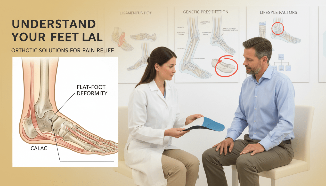 A detailed illustration of the causes of flat-footedness (Knick-Senkfuß) in adults. In the foreground, showcase a close-up of a foot with visible deformities, emphasizing the arch's collapse and misalignment of bones. The middle ground should depict a professional setting with a podiatrist examining a patient's feet, dressed in business attire, highlighting the clinical environment. Use soft, warm lighting to create an inviting and educational atmosphere. The background should include medical charts and diagrams about foot anatomy and common causes of foot misalignment, like genetics and lifestyle factors. Ensure the overall mood is informative and supportive, conveying the importance of foot health solutions like orthotic inserts.