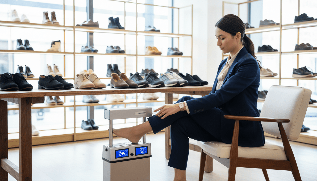 A detailed shoe measuring process, showcasing a professional setting. In the foreground, a well-dressed person in business attire is sitting on a stylish chair, using a precise shoe measuring tool, carefully placing their foot on a measuring device that displays length and width metrics. In the middle ground, a wooden table is lined with various types of shoes, highlighting design variations. The background features a bright, inviting shoe store with elegant shelves displaying a wide array of footwear. Lighting is soft and diffused, creating a comfortable and professional atmosphere. The angle is slightly above eye level, capturing the intricate details of the measuring tool and the shoes, offering a sense of clarity and focus on the importance of proper shoe fitting. A detailed shoe measuring process, showcasing a professional setting. In the foreground, a well-dressed person in business attire is sitting on a stylish chair, using a precise shoe measuring tool, carefully placing their foot on a measuring device that displays length and width metrics. In the middle ground, a wooden table is lined with various types of shoes, highlighting design variations. The background features a bright, inviting shoe store with elegant shelves displaying a wide array of footwear. Lighting is soft and diffused, creating a comfortable and professional atmosphere. The angle is slightly above eye level, capturing the intricate details of the measuring tool and the shoes, offering a sense of clarity and focus on the importance of proper shoe fitting.