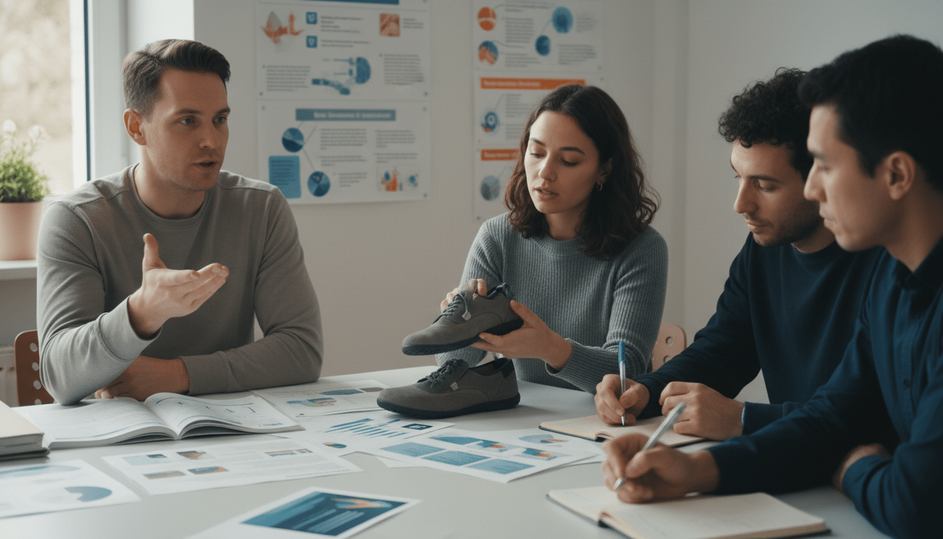 A dynamic and informative scene featuring a diverse group of individuals engaged in a discussion about barefoot shoes. In the foreground, a confident professional in modest casual clothing points to a research paper on a table filled with study documents and graphs related to muscle and joint health. The middle ground showcases two participants, one evaluating a pair of stylish barefoot shoes, while the other portrays curiosity by taking notes. In the background, charts and posters related to the benefits and risks of barefoot shoes hang on a wall, illuminated by warm, natural lighting from a nearby window, creating an inviting and dynamic atmosphere. The overall mood is insightful and collaborative, reflecting the exploration of experiences and studies surrounding barefoot footwear. A dynamic and informative scene featuring a diverse group of individuals engaged in a discussion about barefoot shoes. In the foreground, a confident professional in modest casual clothing points to a research paper on a table filled with study documents and graphs related to muscle and joint health. The middle ground showcases two participants, one evaluating a pair of stylish barefoot shoes, while the other portrays curiosity by taking notes. In the background, charts and posters related to the benefits and risks of barefoot shoes hang on a wall, illuminated by warm, natural lighting from a nearby window, creating an inviting and dynamic atmosphere. The overall mood is insightful and collaborative, reflecting the exploration of experiences and studies surrounding barefoot footwear.