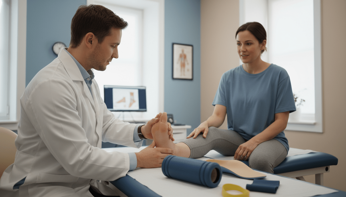 A focused scene depicting a podiatrist in a professional clinic setting, offering conservative therapy for heel pain. In the foreground, a caring podiatrist, dressed in a white lab coat, examines a patient's foot while demonstrating a stretching exercise. The patient, wearing modest casual clothing, looks attentive and engaged. The middle ground showcases various therapy tools, like a foam roller and orthotic insoles, neatly arranged on a treatment table. In the background, a bright, well-lit room with medical charts and soothing colors enhances a calm, professional atmosphere. Soft, diffused lighting creates a welcoming vibe, while a gentle angle from slightly above captures the interaction, emphasizing the supportive nature of the therapy. The overall mood is encouraging and empathetic, showcasing a pathway to relief from heel pain through practical application tips. A focused scene depicting a podiatrist in a professional clinic setting, offering conservative therapy for heel pain. In the foreground, a caring podiatrist, dressed in a white lab coat, examines a patient's foot while demonstrating a stretching exercise. The patient, wearing modest casual clothing, looks attentive and engaged. The middle ground showcases various therapy tools, like a foam roller and orthotic insoles, neatly arranged on a treatment table. In the background, a bright, well-lit room with medical charts and soothing colors enhances a calm, professional atmosphere. Soft, diffused lighting creates a welcoming vibe, while a gentle angle from slightly above captures the interaction, emphasizing the supportive nature of the therapy. The overall mood is encouraging and empathetic, showcasing a pathway to relief from heel pain through practical application tips.