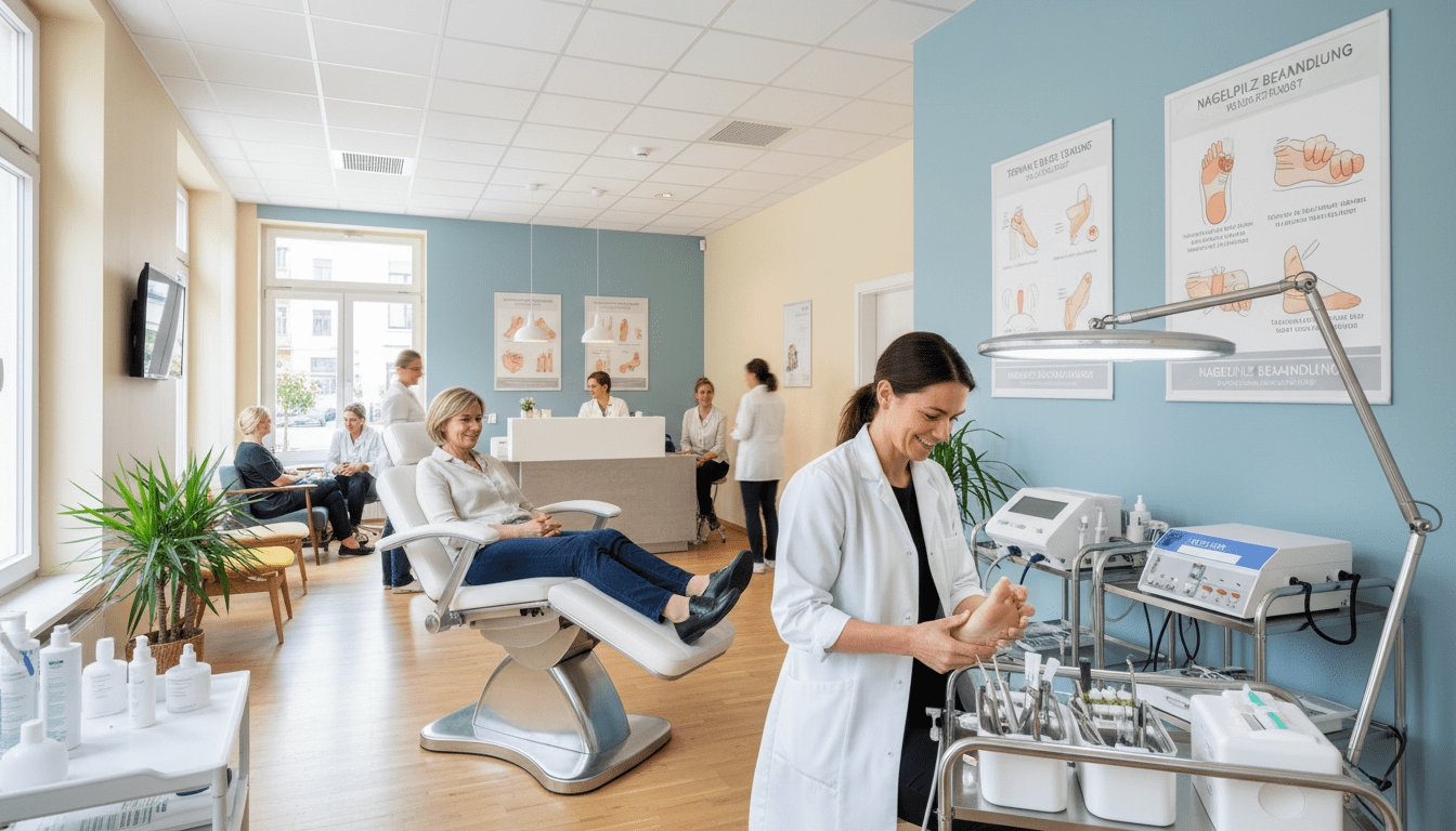 A modern podiatry clinic in Berlin, bustling with activity and professionalism. In the foreground, a friendly podiatrist in a clean, white lab coat, examining a patient's feet, showcasing careful attention and care. The middle ground features a consultation area with a sleek treatment chair and medical equipment, symbolizing a focus on hygiene and treatment for nail fungus. The background displays bright, welcoming colors, with posters on the walls illustrating foot care practices. Soft, natural lighting cascades through large windows, creating a warm and inviting atmosphere. The image evokes a sense of trust and comfort, emphasizing contact options and treatment recommendations in a healthcare setting. A modern podiatry clinic in Berlin, bustling with activity and professionalism. In the foreground, a friendly podiatrist in a clean, white lab coat, examining a patient's feet, showcasing careful attention and care. The middle ground features a consultation area with a sleek treatment chair and medical equipment, symbolizing a focus on hygiene and treatment for nail fungus. The background displays bright, welcoming colors, with posters on the walls illustrating foot care practices. Soft, natural lighting cascades through large windows, creating a warm and inviting atmosphere. The image evokes a sense of trust and comfort, emphasizing contact options and treatment recommendations in a healthcare setting.