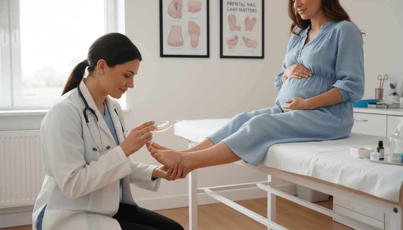 A professional doctor in a white coat examines a pregnant woman, who is sitting on an examination table in a well-lit clinic. The doctor is attentively inspecting the woman’s toenails, visually assessing them for signs of nail fungus. The woman appears calm and engaged, with a supportive expression. The background features medical posters about nail health and a well-organized workspace with medical tools. Soft, natural lighting enhances the warm atmosphere, creating a sense of trust and care. The scene should convey professionalism and compassion, highlighting the importance of consulting a doctor for nail fungal infections during pregnancy. Focus on clear details and a reassuring ambiance without any text or distractions. A professional doctor in a white coat examines a pregnant woman, who is sitting on an examination table in a well-lit clinic. The doctor is attentively inspecting the woman’s toenails, visually assessing them for signs of nail fungus. The woman appears calm and engaged, with a supportive expression. The background features medical posters about nail health and a well-organized workspace with medical tools. Soft, natural lighting enhances the warm atmosphere, creating a sense of trust and care. The scene should convey professionalism and compassion, highlighting the importance of consulting a doctor for nail fungal infections during pregnancy. Focus on clear details and a reassuring ambiance without any text or distractions.