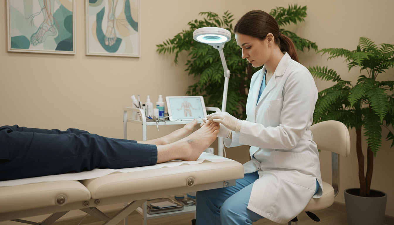 A professional foot care setting focused on the treatment of circulatory disorders. In the foreground, a skilled podiatrist, dressed in a clean, white lab coat and modest attire, is gently examining a patient's foot on a sleek treatment table. The middle ground features a well-organized treatment area with various foot care tools, a soothing blue light illuminating the workspace. In the background, soft green plants and calming artwork on the walls create a tranquil atmosphere, emphasizing health and well-being. The lighting is soft and even, with a slight focus on the podiatrist's hands and the foot being treated. The overall mood is caring and professional, illustrating the importance of expert foot care for circulatory health. A professional foot care setting focused on the treatment of circulatory disorders. In the foreground, a skilled podiatrist, dressed in a clean, white lab coat and modest attire, is gently examining a patient's foot on a sleek treatment table. The middle ground features a well-organized treatment area with various foot care tools, a soothing blue light illuminating the workspace. In the background, soft green plants and calming artwork on the walls create a tranquil atmosphere, emphasizing health and well-being. The lighting is soft and even, with a slight focus on the podiatrist's hands and the foot being treated. The overall mood is caring and professional, illustrating the importance of expert foot care for circulatory health.