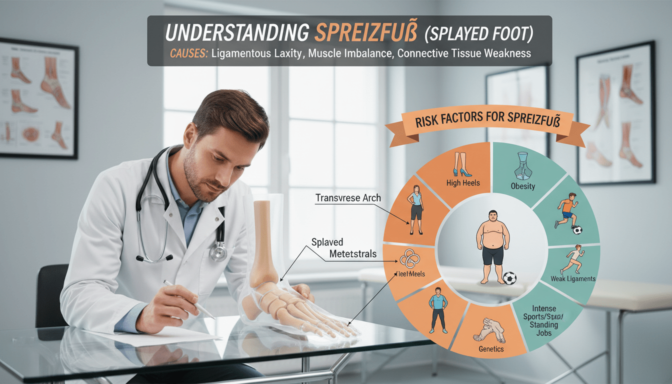 A professional, informative illustration depicting causes and risk factors associated with "Spreizfuß" (splayed foot). In the foreground, a well-dressed healthcare professional (in a lab coat) is examining a detailed anatomical model of a human foot, showcasing the foot’s structure with a focus on the toe alignment and arch. The middle ground features a diverse group of people (ages 30-60) standing on a diagram showing common risk factors like high heels, obesity, and sports activities. The background is a clean, modern clinic or office environment with soft, natural lighting and medical posters on the walls. The atmosphere is educational and respectful, emphasizing a professional approach to understanding foot health. A professional, informative illustration depicting causes and risk factors associated with "Spreizfuß" (splayed foot). In the foreground, a well-dressed healthcare professional (in a lab coat) is examining a detailed anatomical model of a human foot, showcasing the foot’s structure with a focus on the toe alignment and arch. The middle ground features a diverse group of people (ages 30-60) standing on a diagram showing common risk factors like high heels, obesity, and sports activities. The background is a clean, modern clinic or office environment with soft, natural lighting and medical posters on the walls. The atmosphere is educational and respectful, emphasizing a professional approach to understanding foot health.