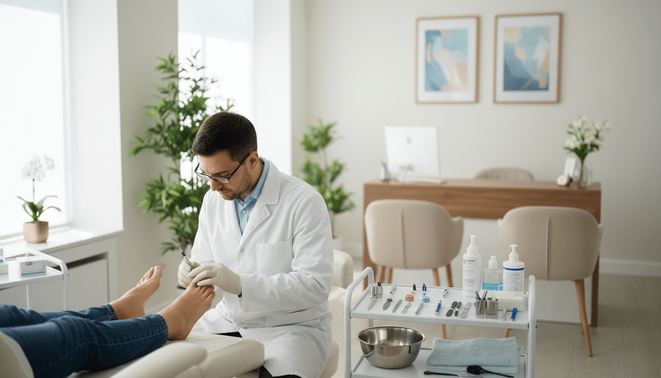 A professional podiatrist conducting a podiatry treatment in a clean, well-lit clinic. In the foreground, the podiatrist, wearing a crisp white lab coat and surgical gloves, is attentively examining a patient's foot on a treatment chair. The middle section features a modern treatment area with medical tools neatly arranged, including a foot spa, and soothing decor like plants and calming artwork. In the background, a soft focus highlights a welcoming reception area with comfortable seating. Natural light streams in through large windows, creating a warm, inviting atmosphere. The overall mood is one of professionalism and care, conveying the importance of foot health and the supportive environment of a podiatrist's office. A professional podiatrist conducting a podiatry treatment in a clean, well-lit clinic. In the foreground, the podiatrist, wearing a crisp white lab coat and surgical gloves, is attentively examining a patient's foot on a treatment chair. The middle section features a modern treatment area with medical tools neatly arranged, including a foot spa, and soothing decor like plants and calming artwork. In the background, a soft focus highlights a welcoming reception area with comfortable seating. Natural light streams in through large windows, creating a warm, inviting atmosphere. The overall mood is one of professionalism and care, conveying the importance of foot health and the supportive environment of a podiatrist's office.