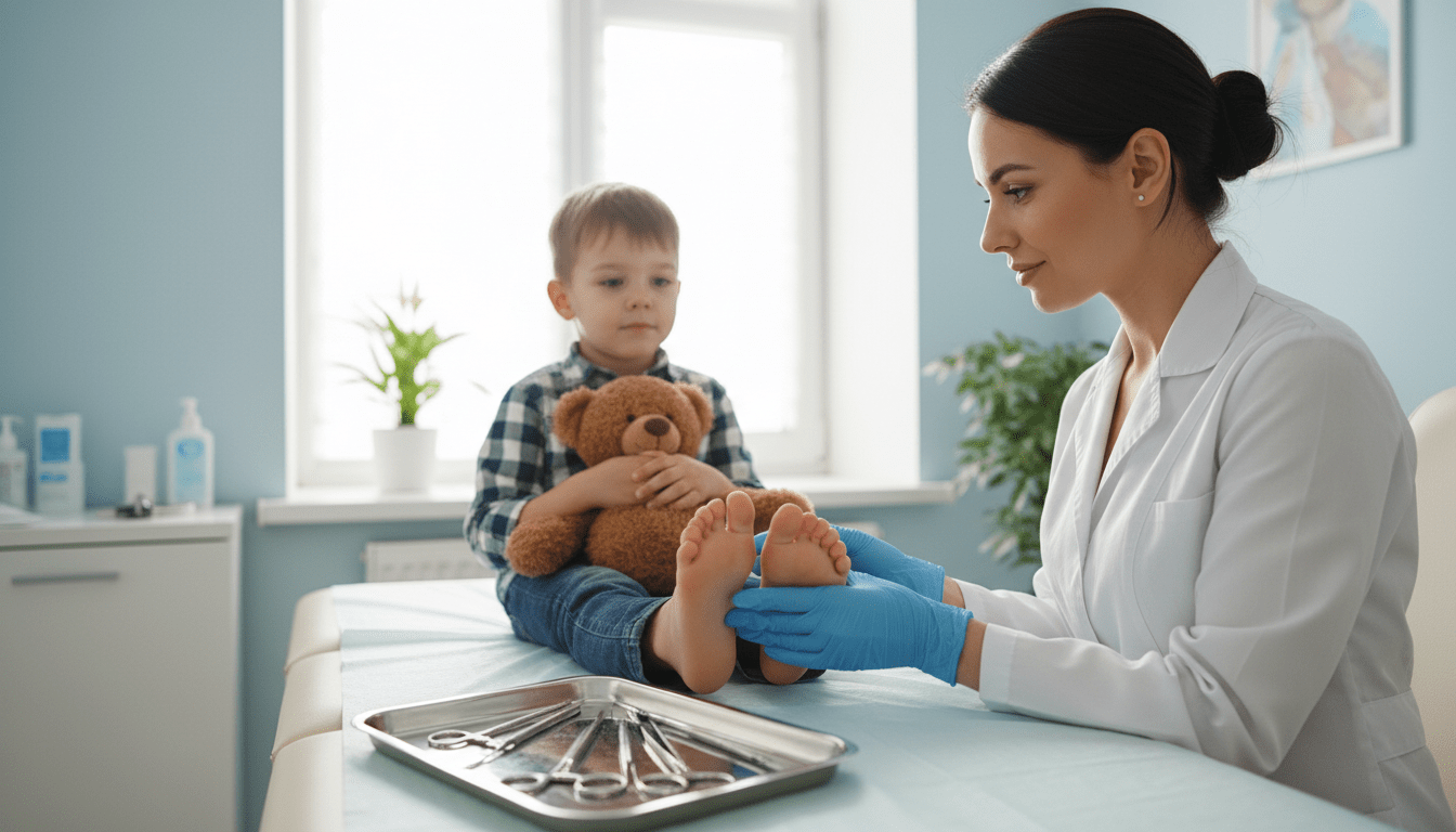 A professional podiatrist examining a child's foot in a calm clinic environment. In the foreground, the podiatrist, dressed in a crisp white lab coat and disposable gloves, gently holds the child's foot for proper examination. The child, sitting on the examination table, appears relaxed and curious, wearing comfortable attire, with a friendly stuffed toy in their lap for comfort. In the middle ground, various podiatry instruments are neatly arranged on a sterile tray, reinforcing the professional setting. In the background, soft, natural light filters through a window, creating a warm, inviting atmosphere. The color palette consists of soothing blues and whites, emphasizing a sense of safety and care. Focused, close-up angle on the examination, capturing detailed expressions of trust and professionalism in the scene. A professional podiatrist examining a child's foot in a calm clinic environment. In the foreground, the podiatrist, dressed in a crisp white lab coat and disposable gloves, gently holds the child's foot for proper examination. The child, sitting on the examination table, appears relaxed and curious, wearing comfortable attire, with a friendly stuffed toy in their lap for comfort. In the middle ground, various podiatry instruments are neatly arranged on a sterile tray, reinforcing the professional setting. In the background, soft, natural light filters through a window, creating a warm, inviting atmosphere. The color palette consists of soothing blues and whites, emphasizing a sense of safety and care. Focused, close-up angle on the examination, capturing detailed expressions of trust and professionalism in the scene.