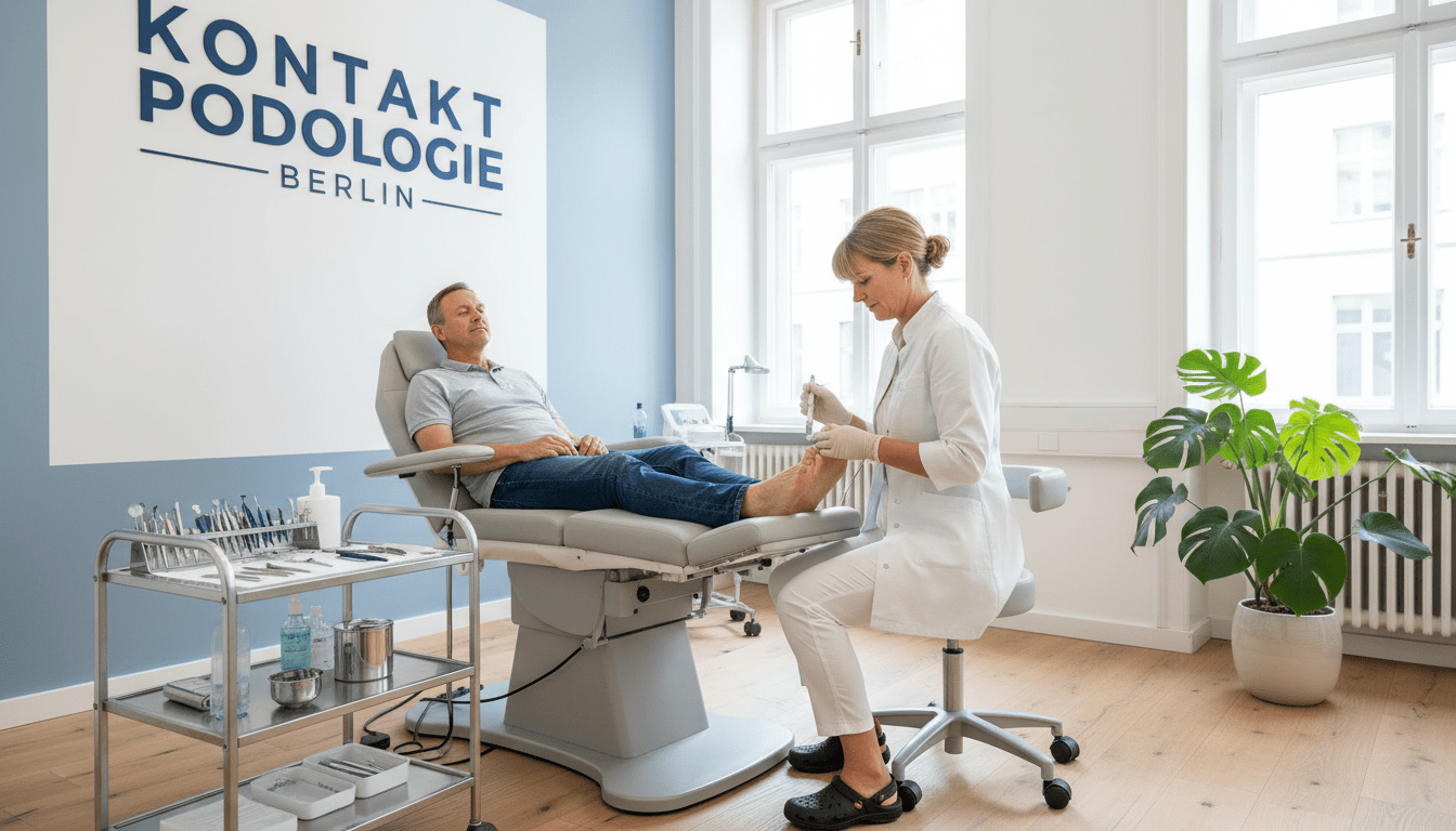 A professional podiatrist's office in Berlin, focusing on "Kontakt Podologie Berlin." In the foreground, a well-dressed podiatrist, wearing a white coat and safety shoes, examines a patient’s foot with a focused expression. The middle ground features a clean, modern examination chair and podiatric tools neatly organized on a stainless steel tray. In the background, large windows allow natural light to flood the room, illuminating a calming color palette of soft blues and whites. A plant in the corner adds a touch of warmth, enhancing the atmosphere of professionalism and care. The scene conveys a sense of trust and expertise, ideal for showcasing a podiatry practice. A professional podiatrist's office in Berlin, focusing on "Kontakt Podologie Berlin." In the foreground, a well-dressed podiatrist, wearing a white coat and safety shoes, examines a patient’s foot with a focused expression. The middle ground features a clean, modern examination chair and podiatric tools neatly organized on a stainless steel tray. In the background, large windows allow natural light to flood the room, illuminating a calming color palette of soft blues and whites. A plant in the corner adds a touch of warmth, enhancing the atmosphere of professionalism and care. The scene conveys a sense of trust and expertise, ideal for showcasing a podiatry practice.