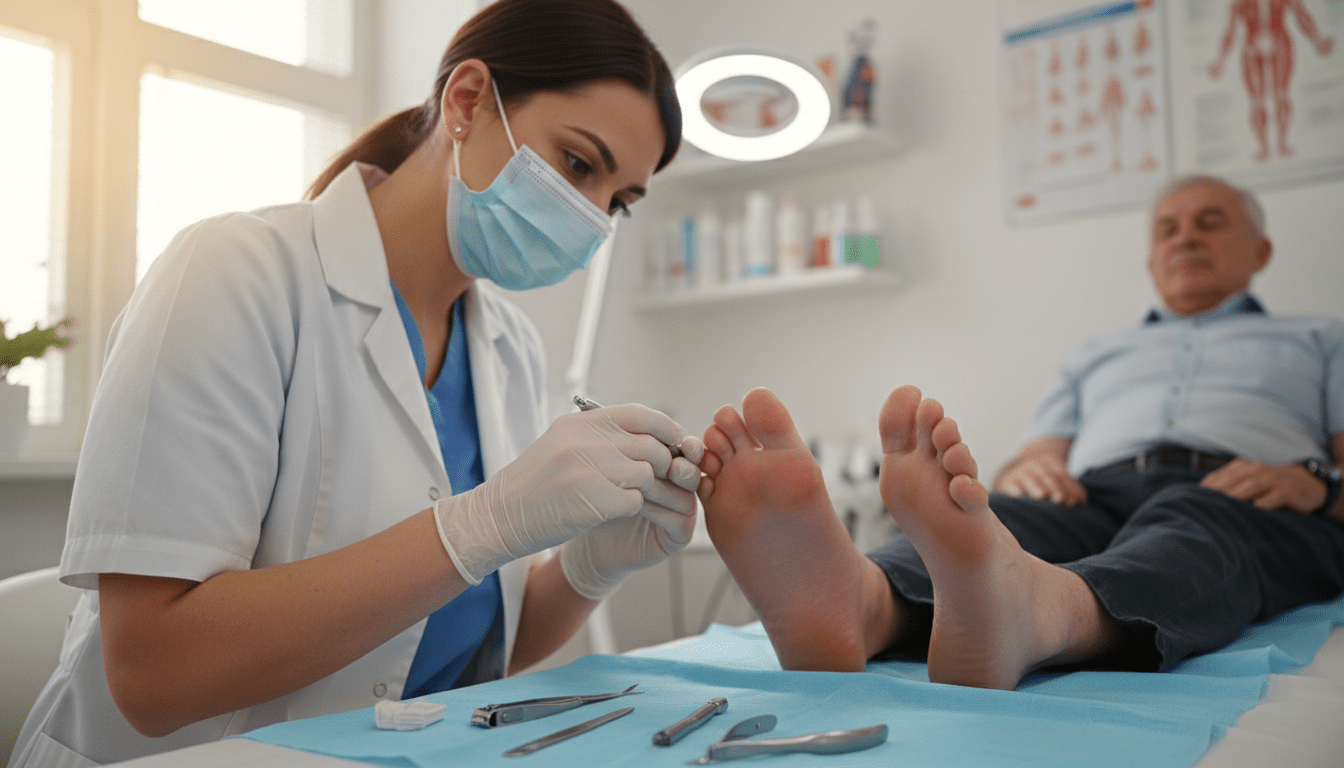 A professional podologist in a medical office, dressed in scrubs, attentively examines a diabetic patient's foot on an examination table. In the foreground, focus on the podologist's hands gently inspecting the foot, showcasing tools like a nail clipper and a magnifying glass. In the middle, the patient's foot, slightly elevated, displays signs of careful treatment, highlighting healthy skin and nails. The background features a well-organized clinic with medical charts, a lighted examination lamp, and shelves lined with foot care products. Soft, natural lighting illuminates the scene, creating a calm and reassuring atmosphere. The angle is slightly elevated, capturing the interaction while emphasizing the importance of diabetic foot care. A professional podologist in a medical office, dressed in scrubs, attentively examines a diabetic patient's foot on an examination table. In the foreground, focus on the podologist's hands gently inspecting the foot, showcasing tools like a nail clipper and a magnifying glass. In the middle, the patient's foot, slightly elevated, displays signs of careful treatment, highlighting healthy skin and nails. The background features a well-organized clinic with medical charts, a lighted examination lamp, and shelves lined with foot care products. Soft, natural lighting illuminates the scene, creating a calm and reassuring atmosphere. The angle is slightly elevated, capturing the interaction while emphasizing the importance of diabetic foot care.