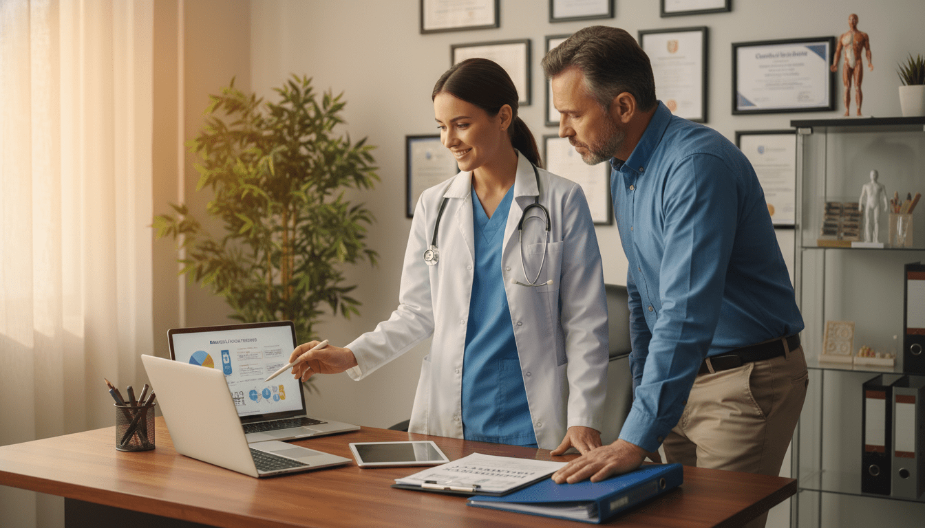 A professional scene depicting a healthcare consultation setting focused on communication between a doctor and patient regarding health insurance matters. In the foreground, a doctor in a crisp white coat stands at a desk, engaging meaningfully with a middle-aged patient dressed in smart casual attire. Their expressions convey attentiveness and understanding. In the middle ground, important documents and a laptop are neatly arranged on the desk, symbolizing the communication about health insurance. The background features a softly lit medical office with certificates on the wall, plants, and medical tools, creating a welcoming atmosphere. The lighting is warm and inviting, emphasizing a professional yet friendly mood, captured at eye level for an engaging perspective. A professional scene depicting a healthcare consultation setting focused on communication between a doctor and patient regarding health insurance matters. In the foreground, a doctor in a crisp white coat stands at a desk, engaging meaningfully with a middle-aged patient dressed in smart casual attire. Their expressions convey attentiveness and understanding. In the middle ground, important documents and a laptop are neatly arranged on the desk, symbolizing the communication about health insurance. The background features a softly lit medical office with certificates on the wall, plants, and medical tools, creating a welcoming atmosphere. The lighting is warm and inviting, emphasizing a professional yet friendly mood, captured at eye level for an engaging perspective.