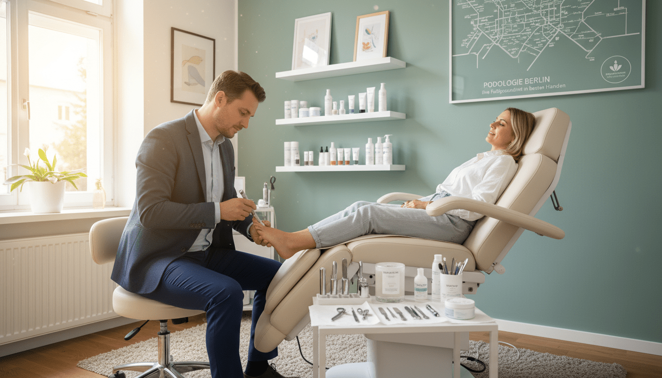 A serene and professional podiatry treatment room, featuring a modern treatment chair and neatly arranged foot care tools. In the foreground, a healthcare professional, dressed in smart business attire, gently caring for a patient's feet, emphasizing the medical and cosmetic aspects of foot care. The middle ground showcases organized shelves with products for foot treatment and cosmetic pedicures. Soft, warm lighting fills the room, creating a calm and inviting atmosphere, with light streaming in through a window, illuminating the space. In the background, calming colors and decor contribute to a soothing environment, ideal for immobile patients seeking professional foot care in Berlin. The composition is balanced and focused, highlighting the expertise and compassion inherent in podiatry services. A serene and professional podiatry treatment room, featuring a modern treatment chair and neatly arranged foot care tools. In the foreground, a healthcare professional, dressed in smart business attire, gently caring for a patient's feet, emphasizing the medical and cosmetic aspects of foot care. The middle ground showcases organized shelves with products for foot treatment and cosmetic pedicures. Soft, warm lighting fills the room, creating a calm and inviting atmosphere, with light streaming in through a window, illuminating the space. In the background, calming colors and decor contribute to a soothing environment, ideal for immobile patients seeking professional foot care in Berlin. The composition is balanced and focused, highlighting the expertise and compassion inherent in podiatry services.