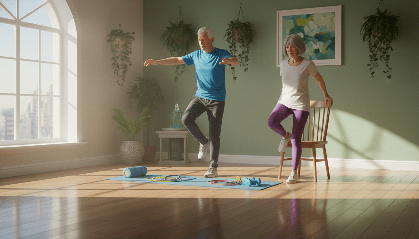 A serene indoor exercise space, focusing on older adults performing balance exercises on a gentle wooden floor. In the foreground, a senior man in modest athletic wear practices standing on one leg, while a senior woman beside him holds onto a chair for support, both displaying concentration and determination. In the middle ground, a yoga mat and fitness equipment like resistance bands are neatly arranged. Natural light filters through a large window, casting soft shadows, and creating a warm atmosphere. The background features plants and calming decor, contributing to a sense of tranquility and focus on health. The overall mood is encouraging and positive, capturing the essence of physical well-being and stability. A serene indoor exercise space, focusing on older adults performing balance exercises on a gentle wooden floor. In the foreground, a senior man in modest athletic wear practices standing on one leg, while a senior woman beside him holds onto a chair for support, both displaying concentration and determination. In the middle ground, a yoga mat and fitness equipment like resistance bands are neatly arranged. Natural light filters through a large window, casting soft shadows, and creating a warm atmosphere. The background features plants and calming decor, contributing to a sense of tranquility and focus on health. The overall mood is encouraging and positive, capturing the essence of physical well-being and stability.